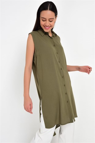 9202027 Şile Bezi Eteği Yırtmaçlı Kolsuz Uzun Gömlek Elbise HAKI