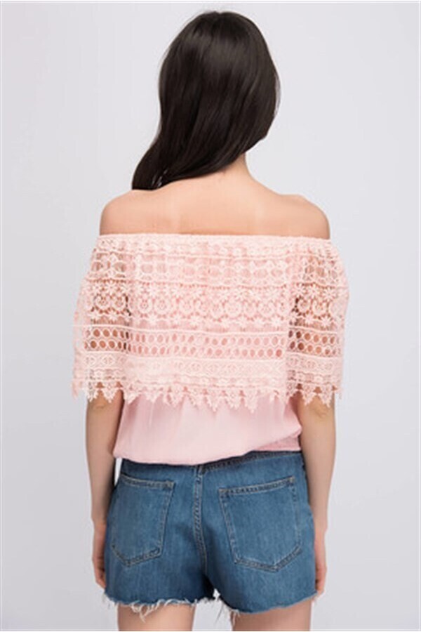 8160794 Şile Bezi Güpürlü Madonna Yaka Eteği Lastikli Bluz PEMBE