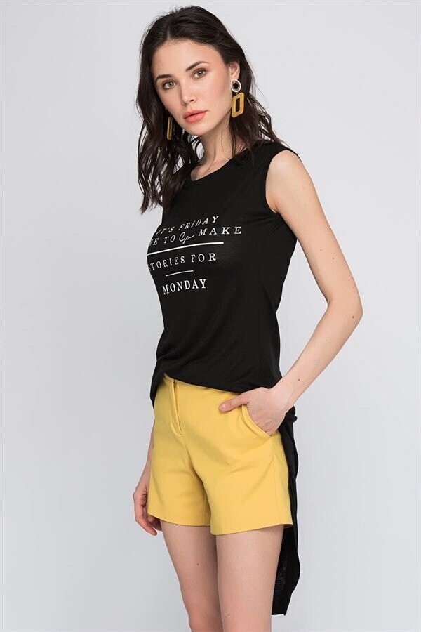 8101091 Monday Yazı Baskılı Arka Eteği Uzun Kolsuz Tunik SIYAH