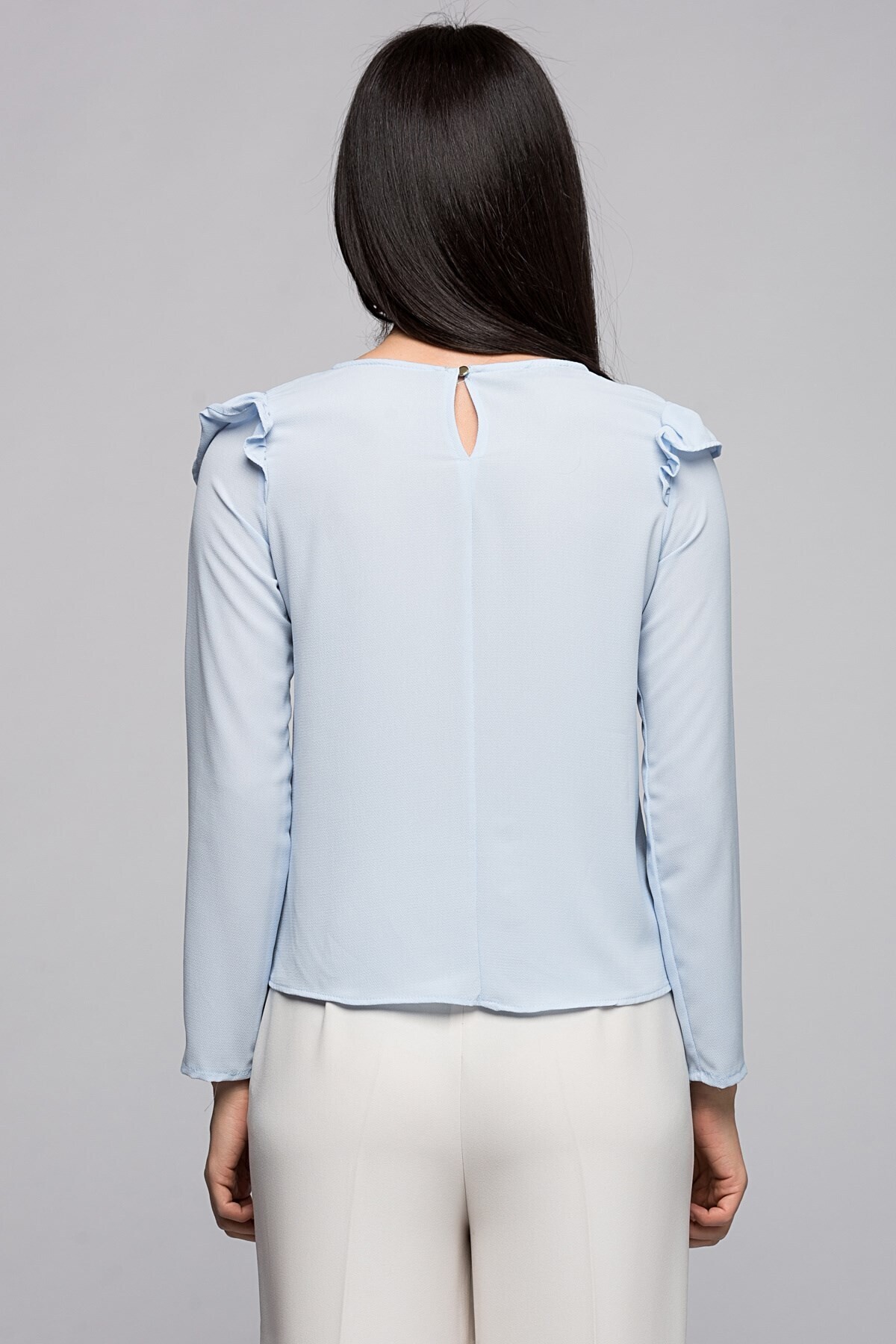 7122127 Kobe Omuzu Ve Önü Verev Fırfırlı Uz.Kol Bluz MAVI