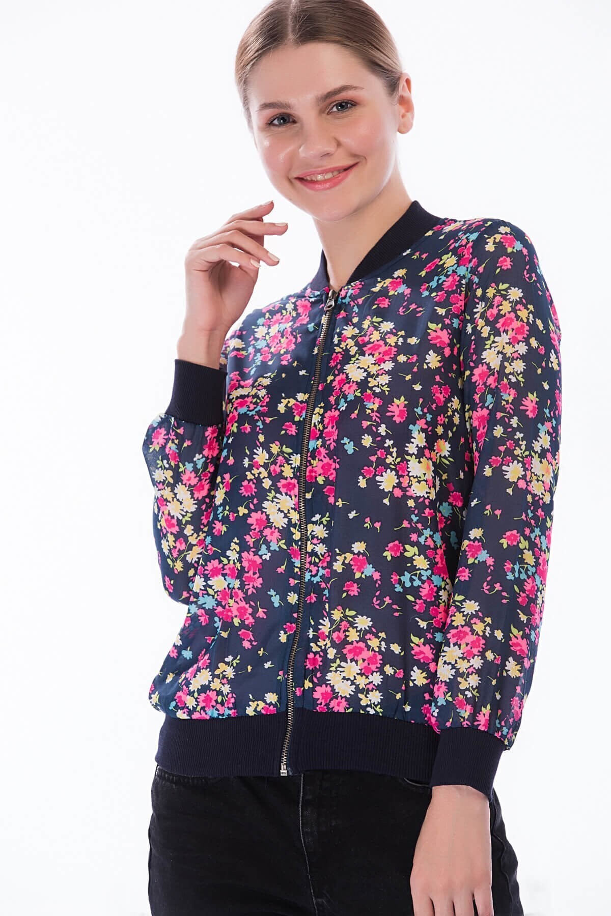 8360114 Şifon Çiçek Desenli Önü Fermuarlı Ceket LACIVERT ÇIÇEK DESEN