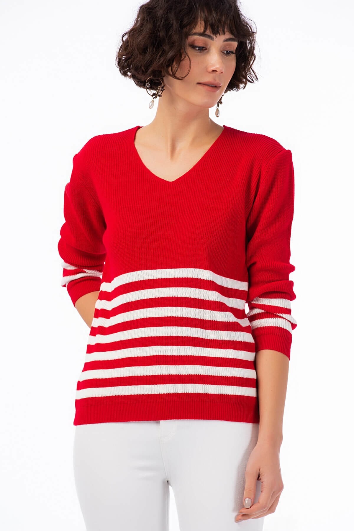 8426104 Triko Akrilik Çizgili V Yaka Bluz KIRMIZI