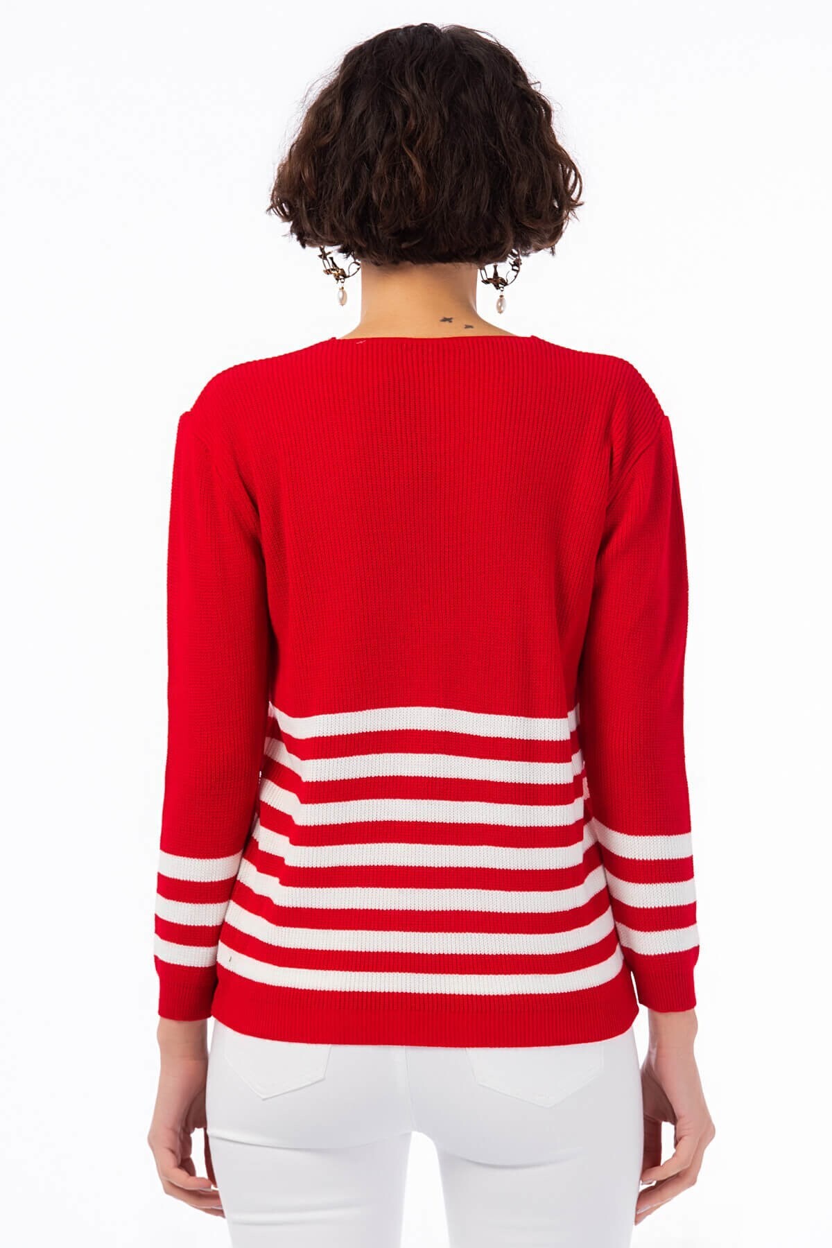 8426104 Triko Akrilik Çizgili V Yaka Bluz KIRMIZI