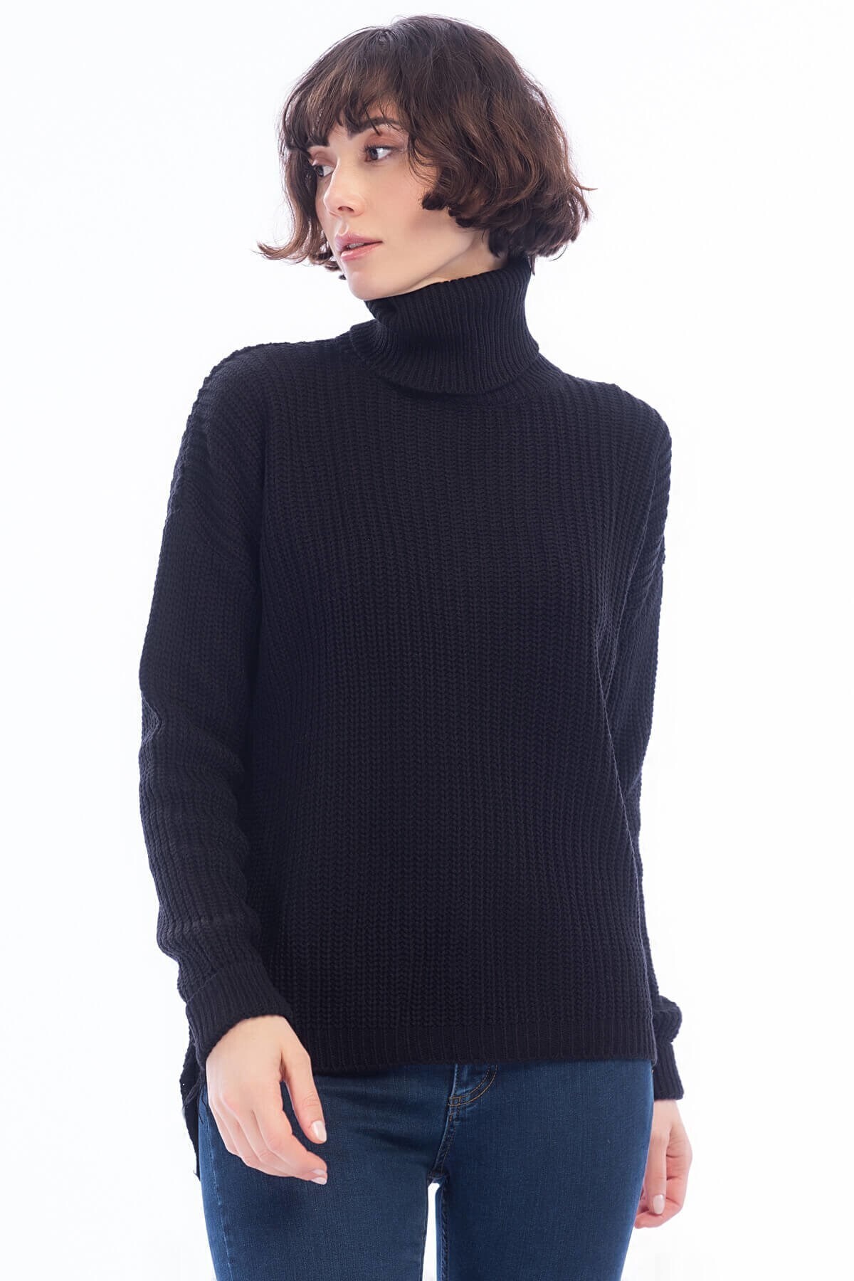 8430001 Triko Selanik Balıkçı Yaka Kazak SIYAH