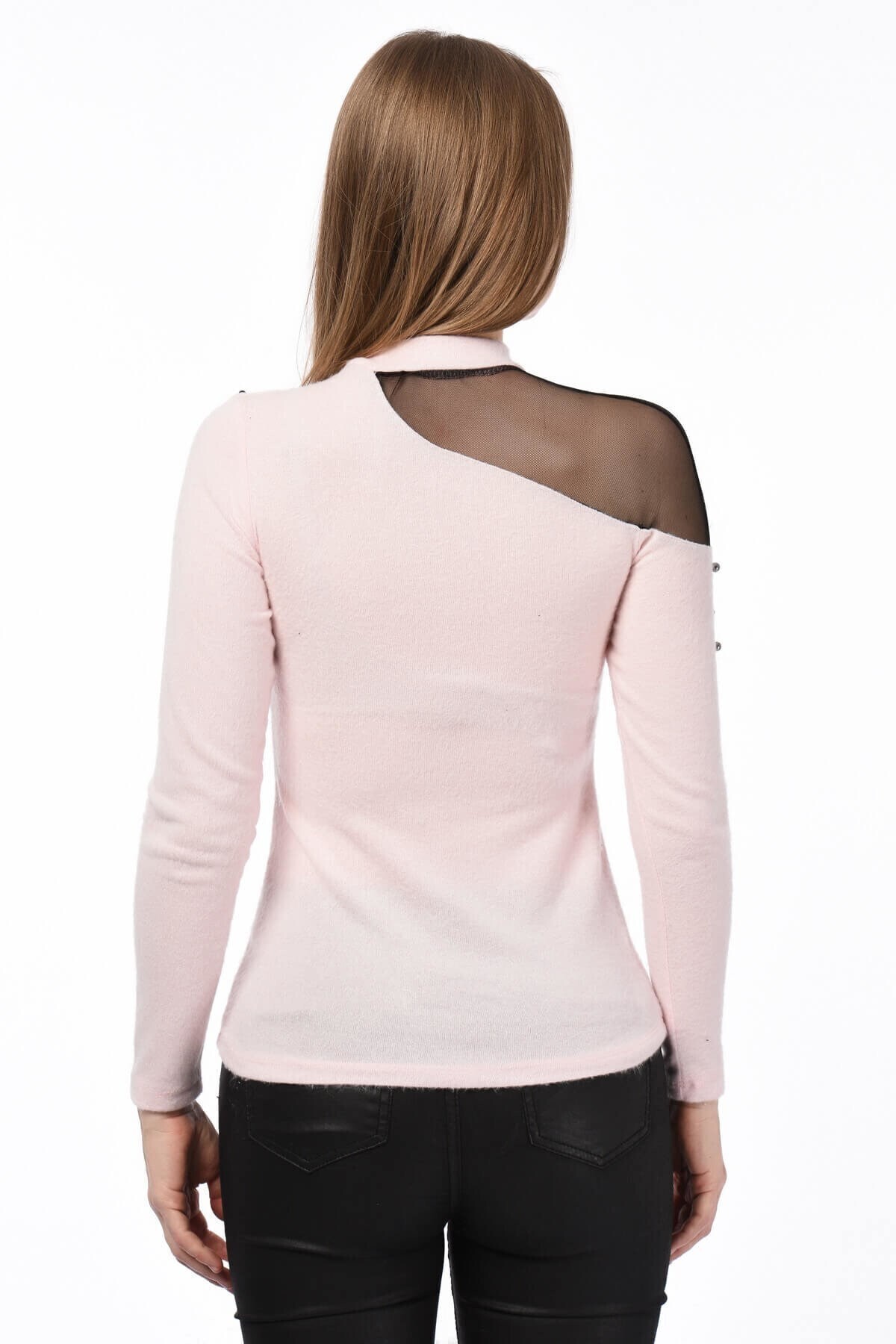 8490986 Yumoş Tek Omuzu Tül İncili Bluz PUDRA