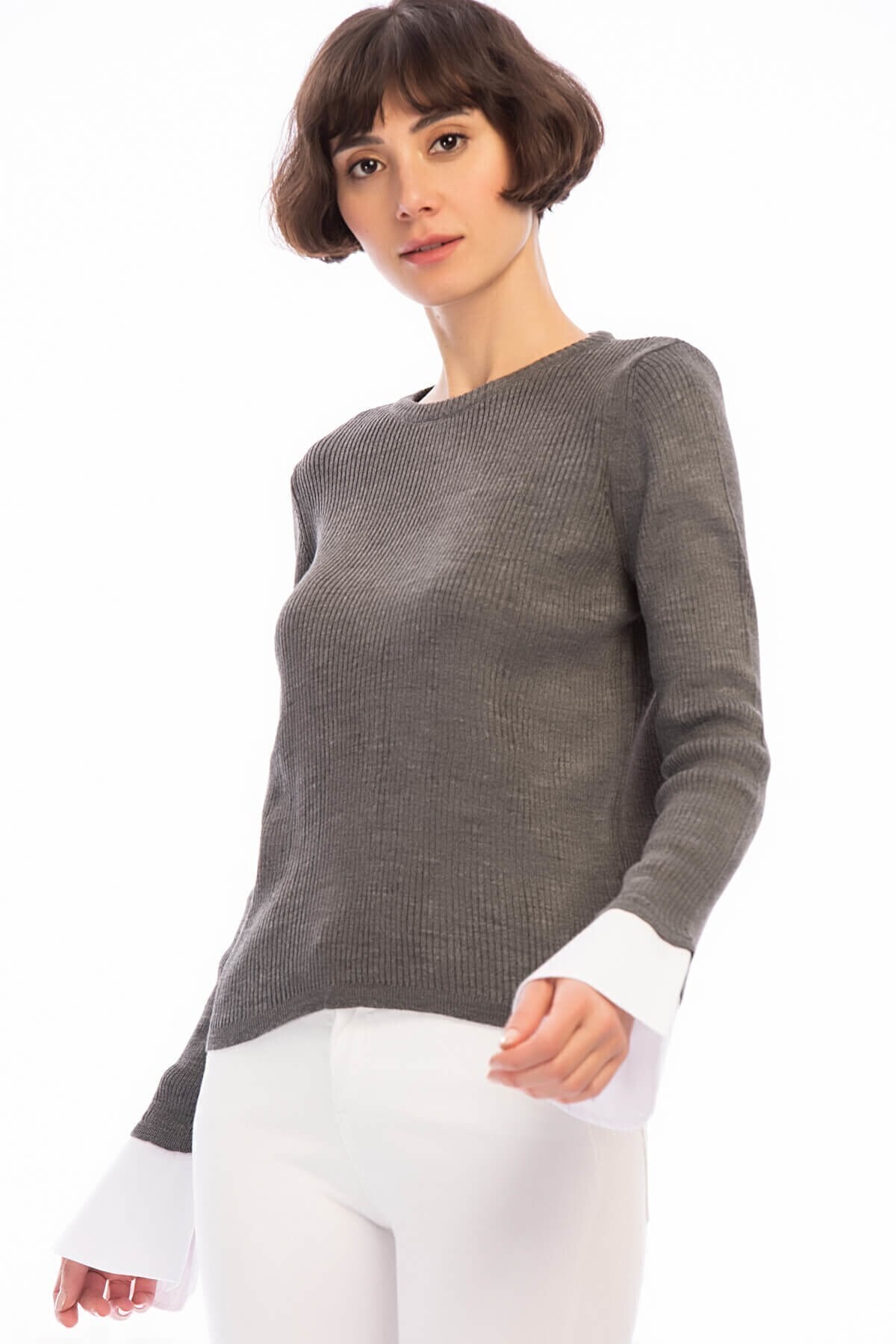 8506003 İnce Fitilli Kaşkorse Manşeti Garnili Uzun Kol Bluz FUME