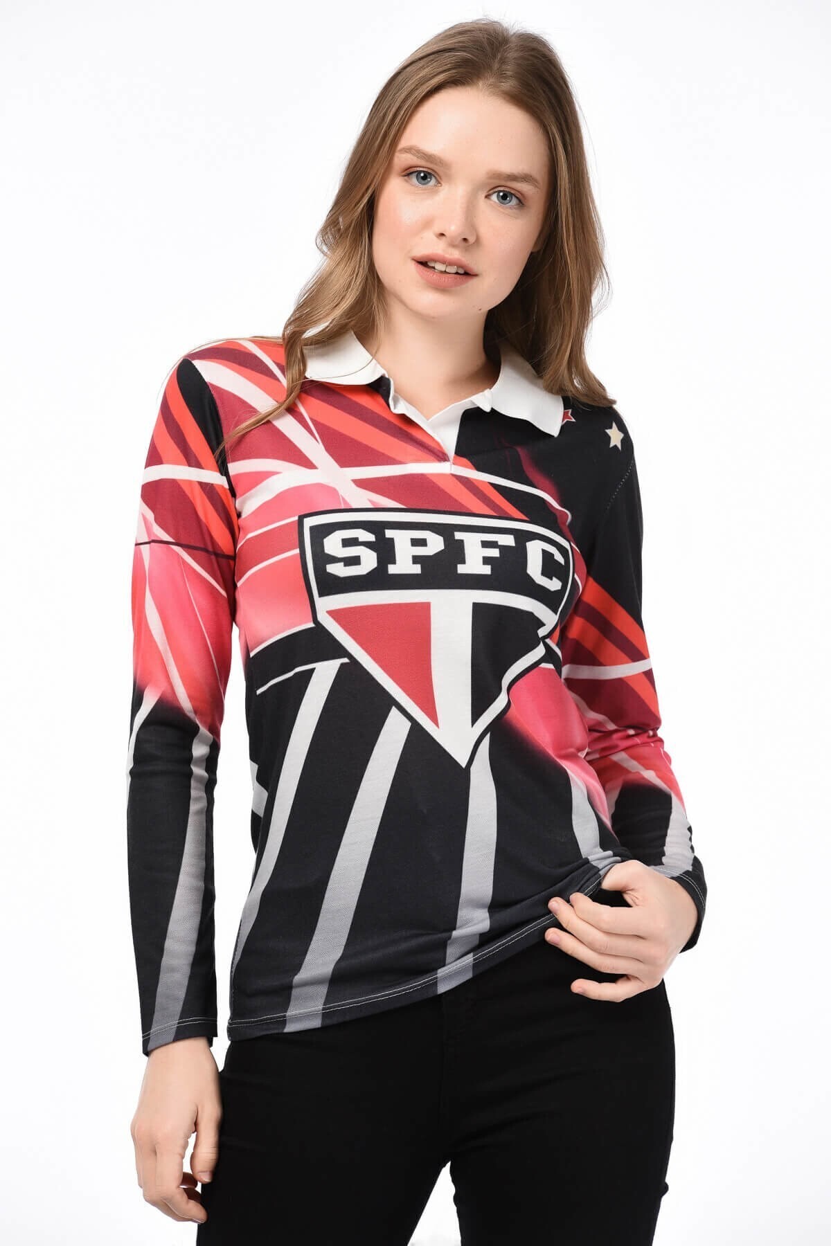 8515150 Digital Baskılı Polo Yaka Uzun Kol Bluz SIYAH-EKRU