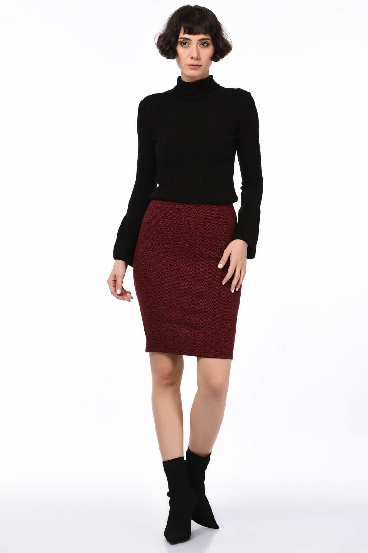 8515174 Balıksırtı Desen Beli Lastikli Yırtmaçlı Kalem Etek BORDO