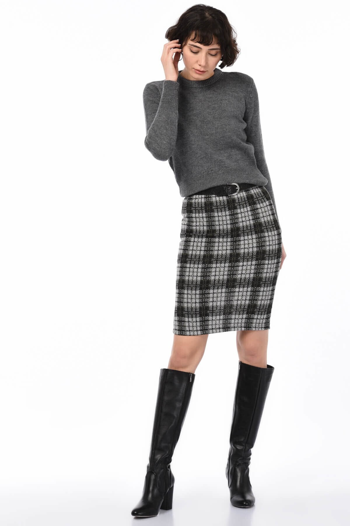 8515176 Ekose Desenli Beli Lastikli Yırtmaçlı Kalem Etek HAKI