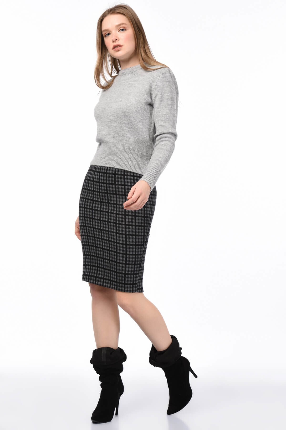 8525287 Pitikare Desenli Beli Lastikli Yırtmaçlı Kalem Etek FUME