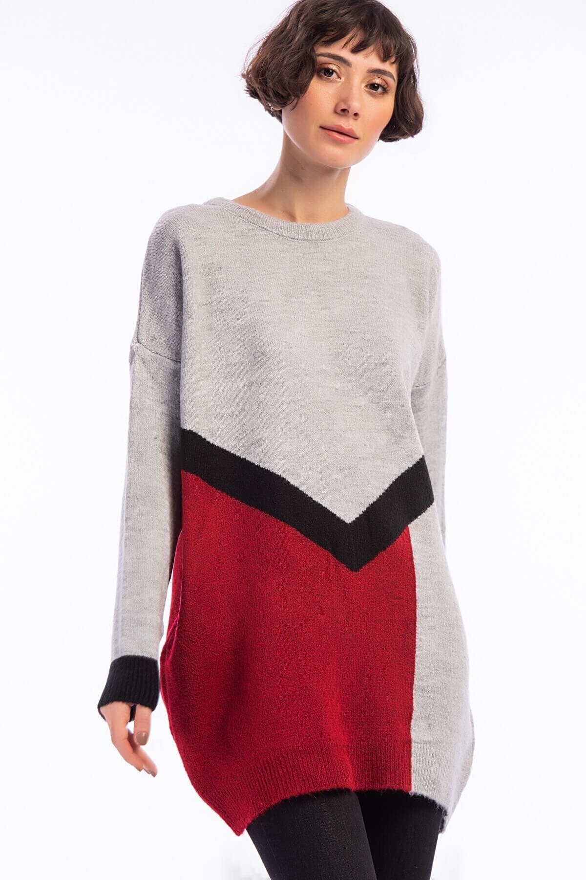 20026083 Triko Yumoş İplik 3 Renkli İntersiye Tunik GRI