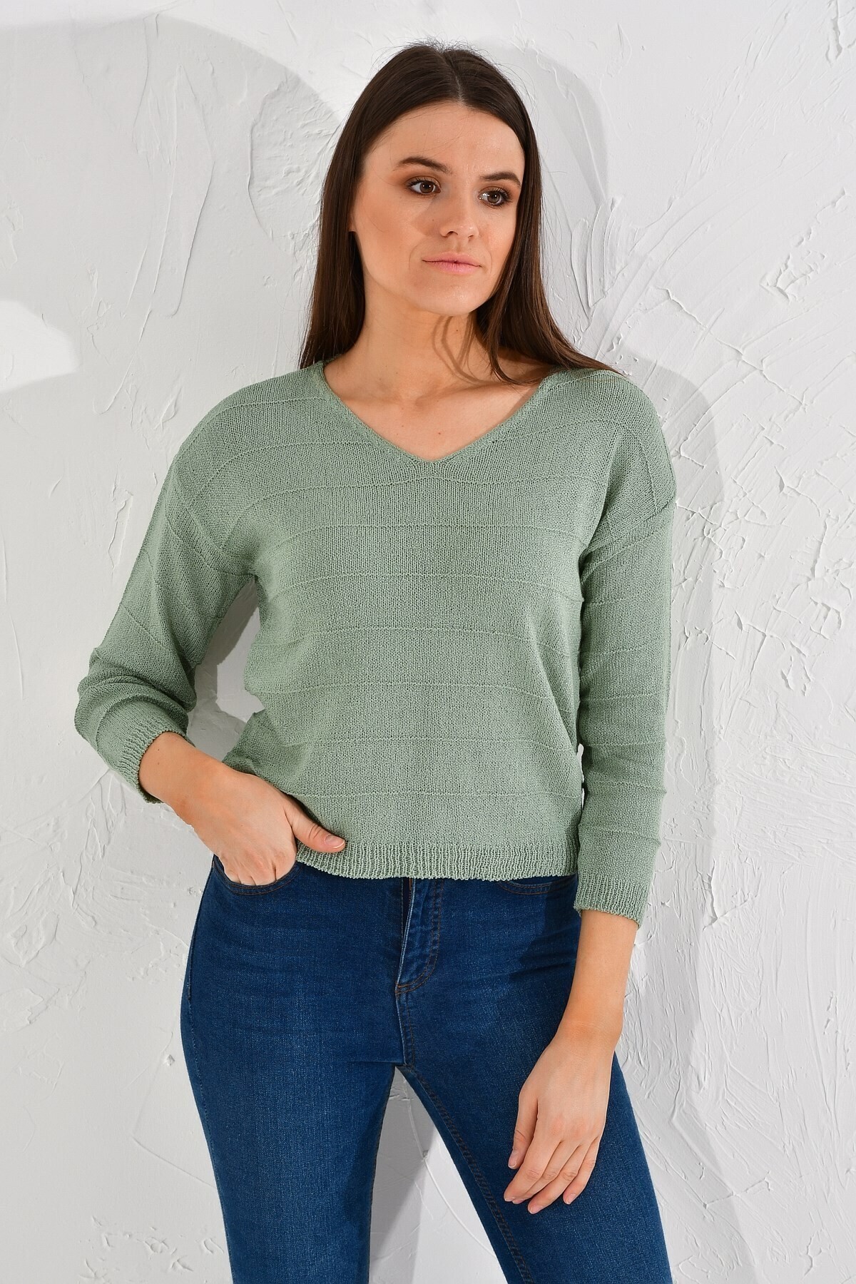 20026187 Triko Çizgili V Yaka Bluz CAGLA YESIL