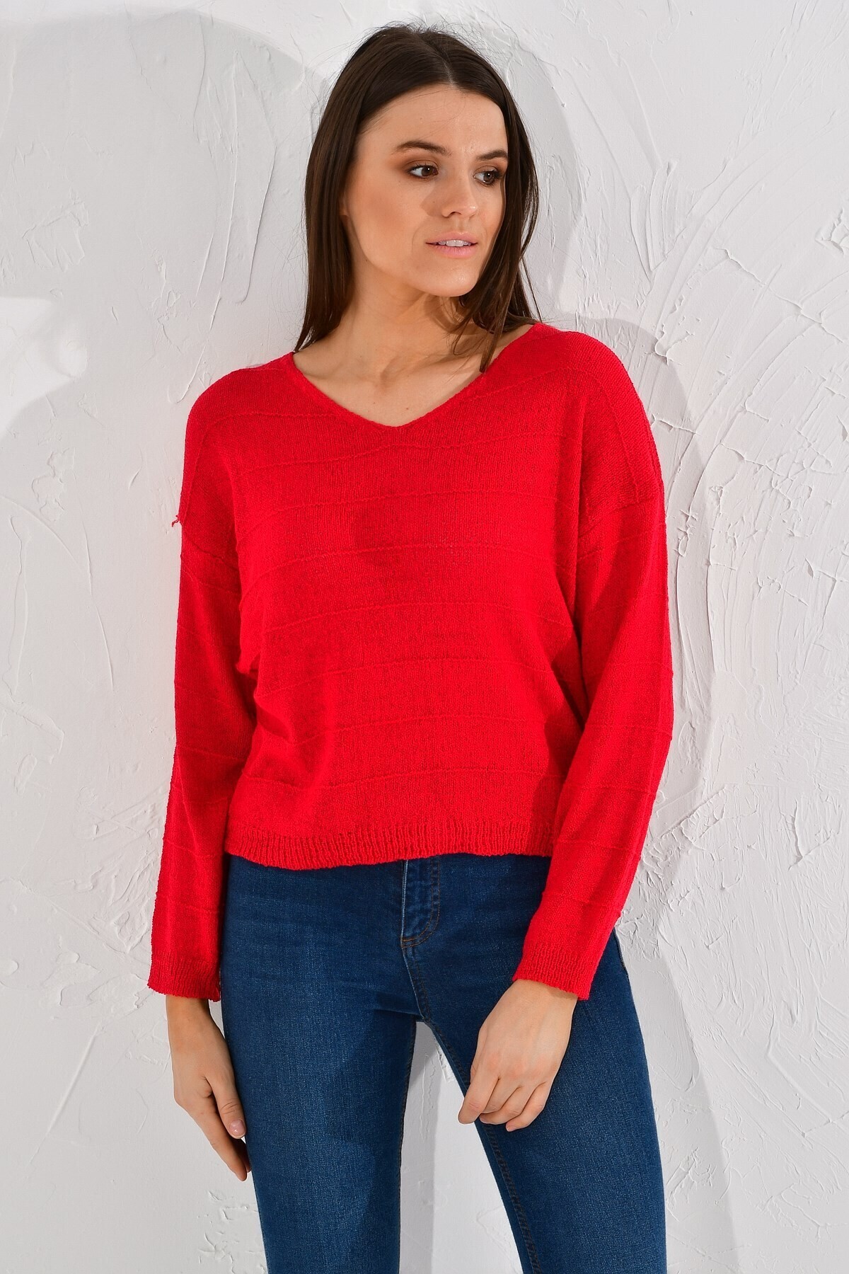 20026187 Triko Çizgili V Yaka Bluz KIRMIZI