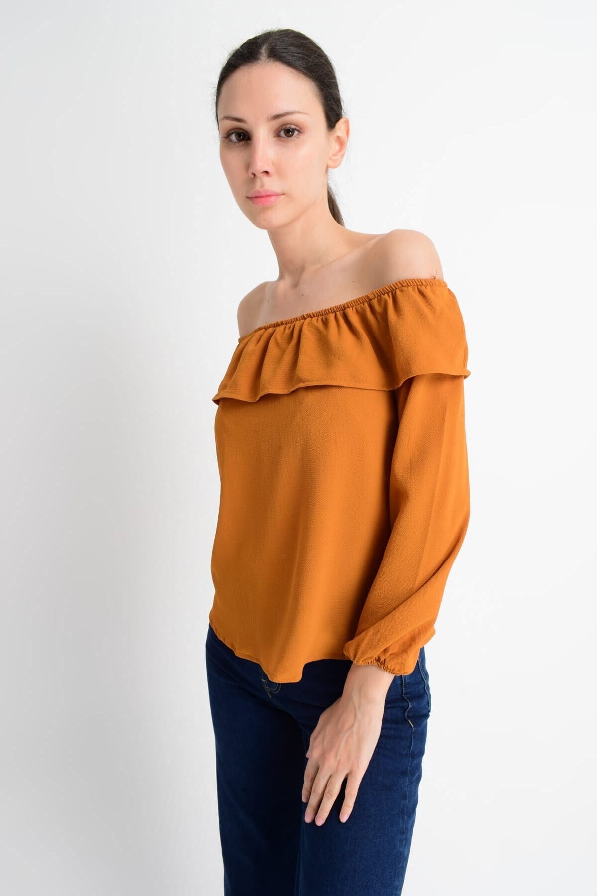 8121836 Kobe Madonna Yaka Kolucu Lastikli Uzun Kol Bluz HARDAL