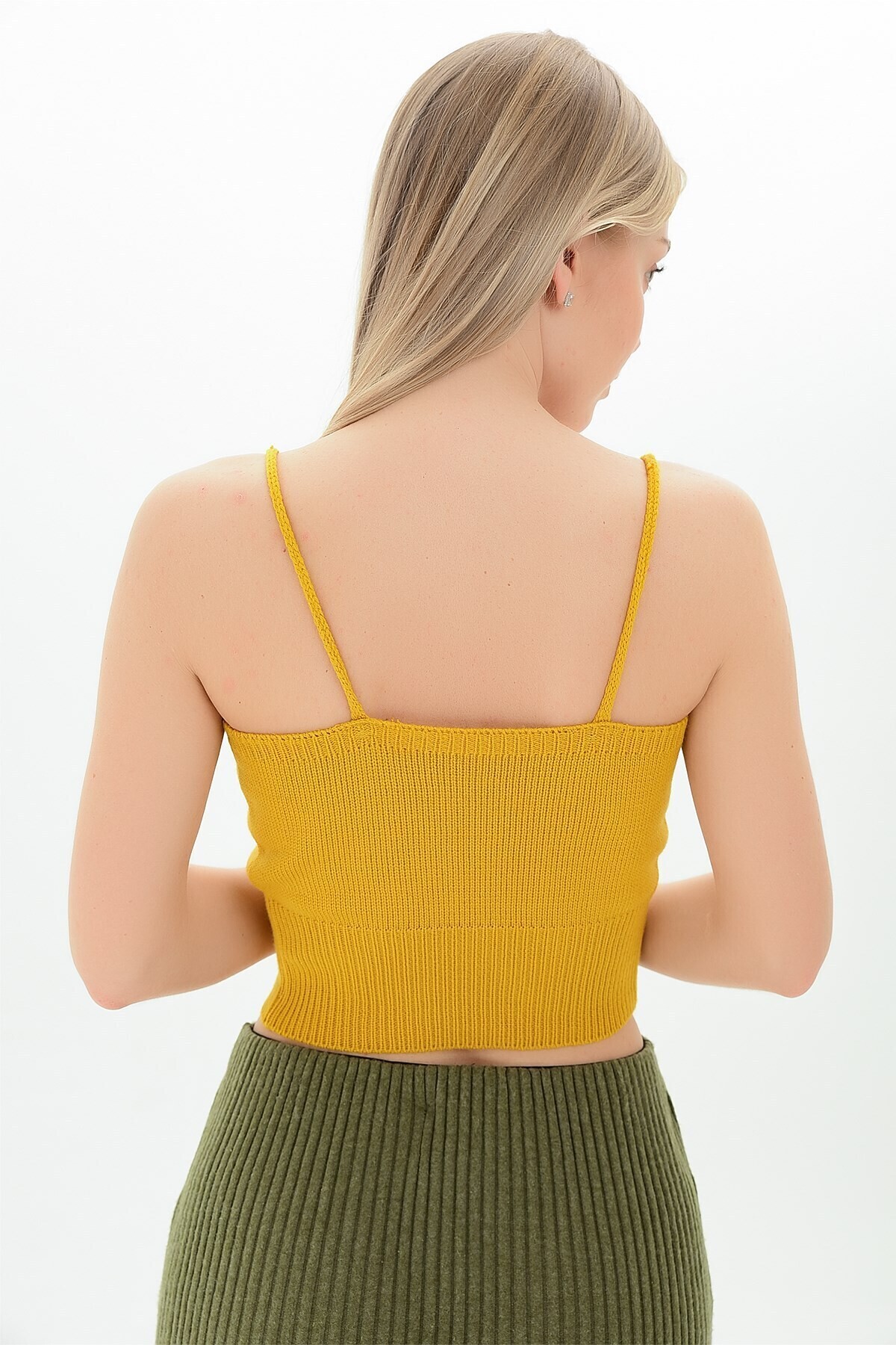 9116167 Triko Askılı Düz Bluz HARDAL