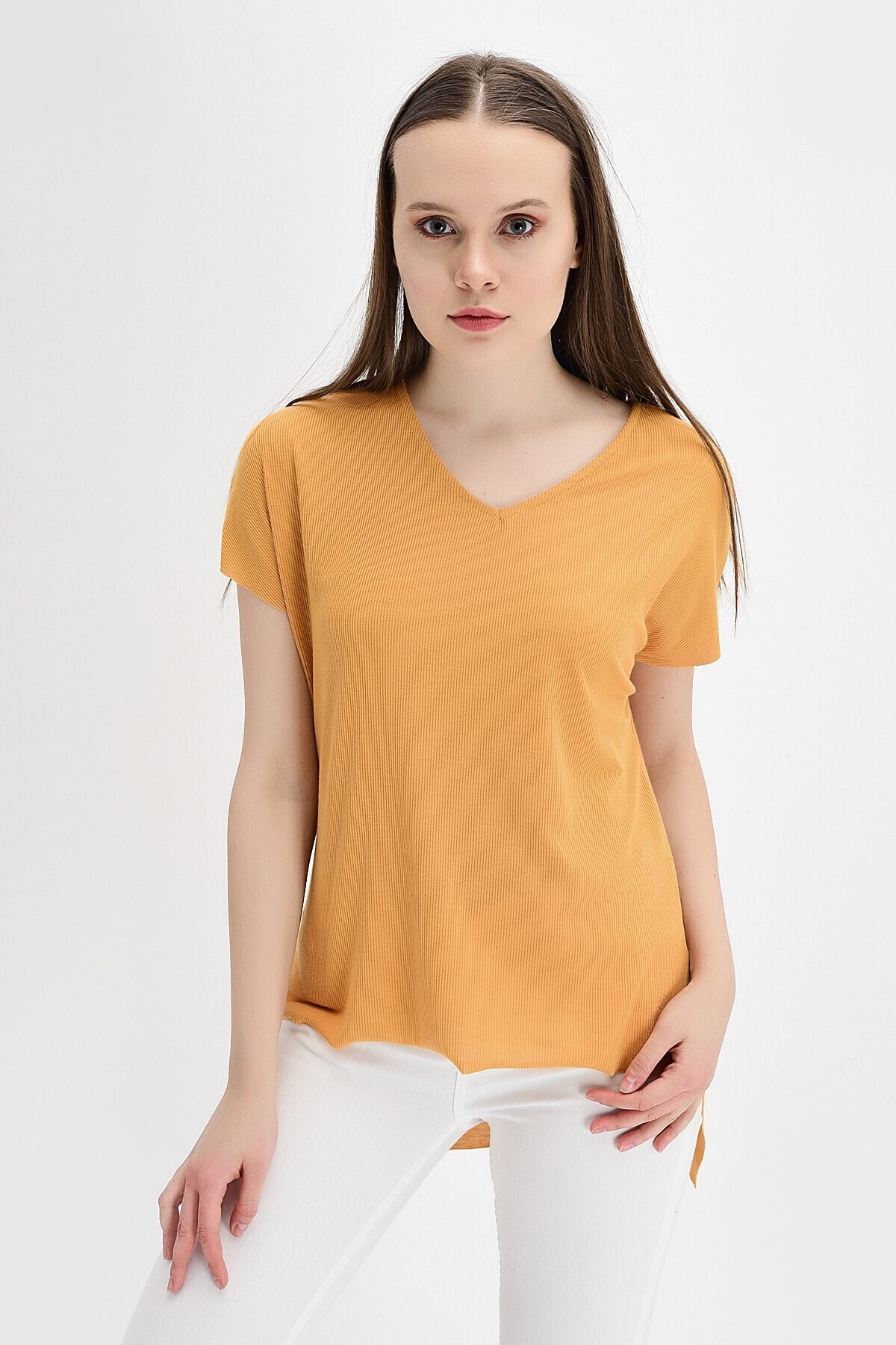 9132735 Kaşkorse V Yaka Salash Kısa Kol Bluz HARDAL