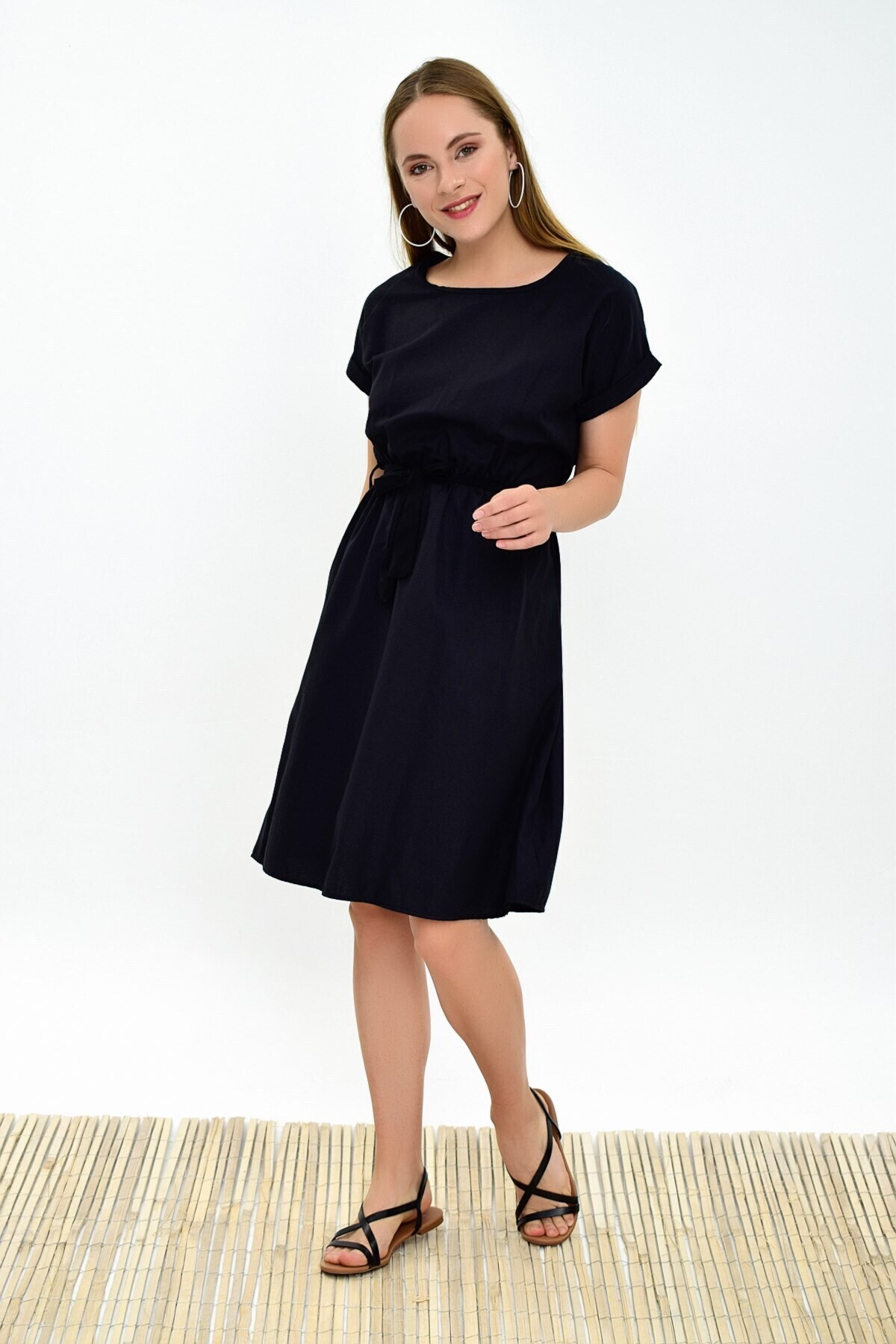 9303031 Dok.Viskon Beli Lastikli Yarasa Kol Elbise SIYAH