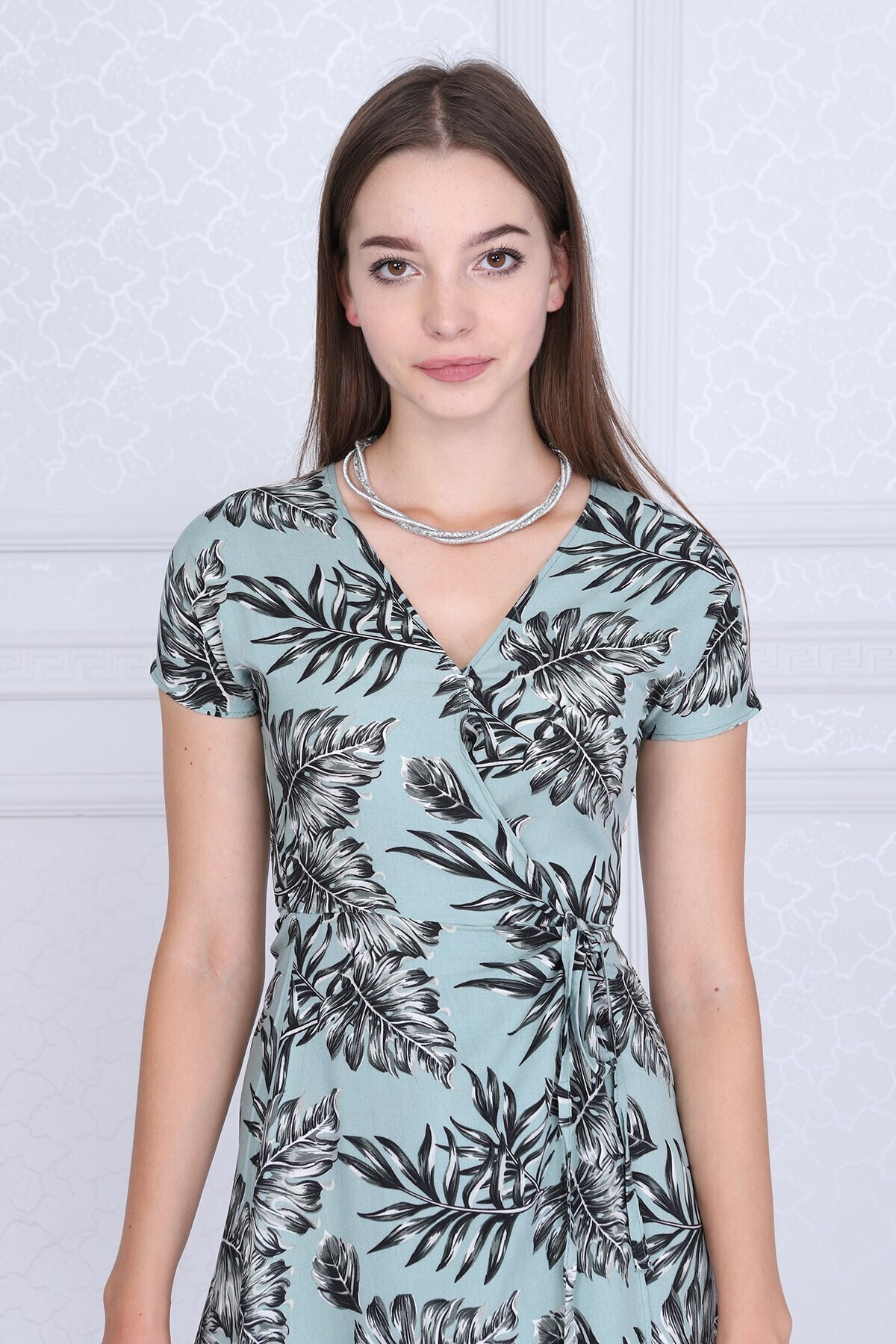 93102403 Dok.Viskon Desenli Anvelop Yarasa Kol Elbise YESIL-VIZON