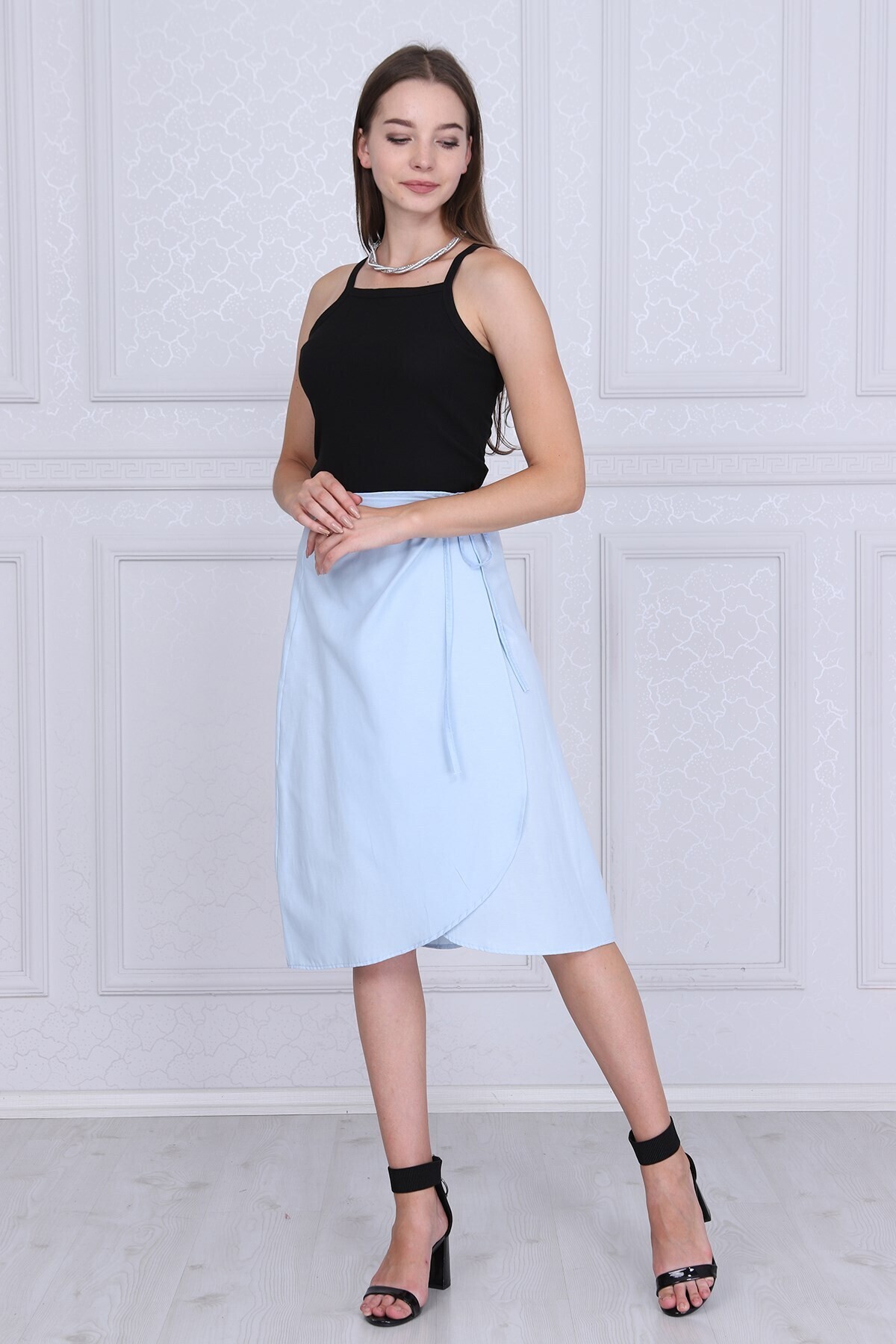 9313124 Dok.Viskon Desenli Beli Bağlamalı Anvelop Etek MAVI