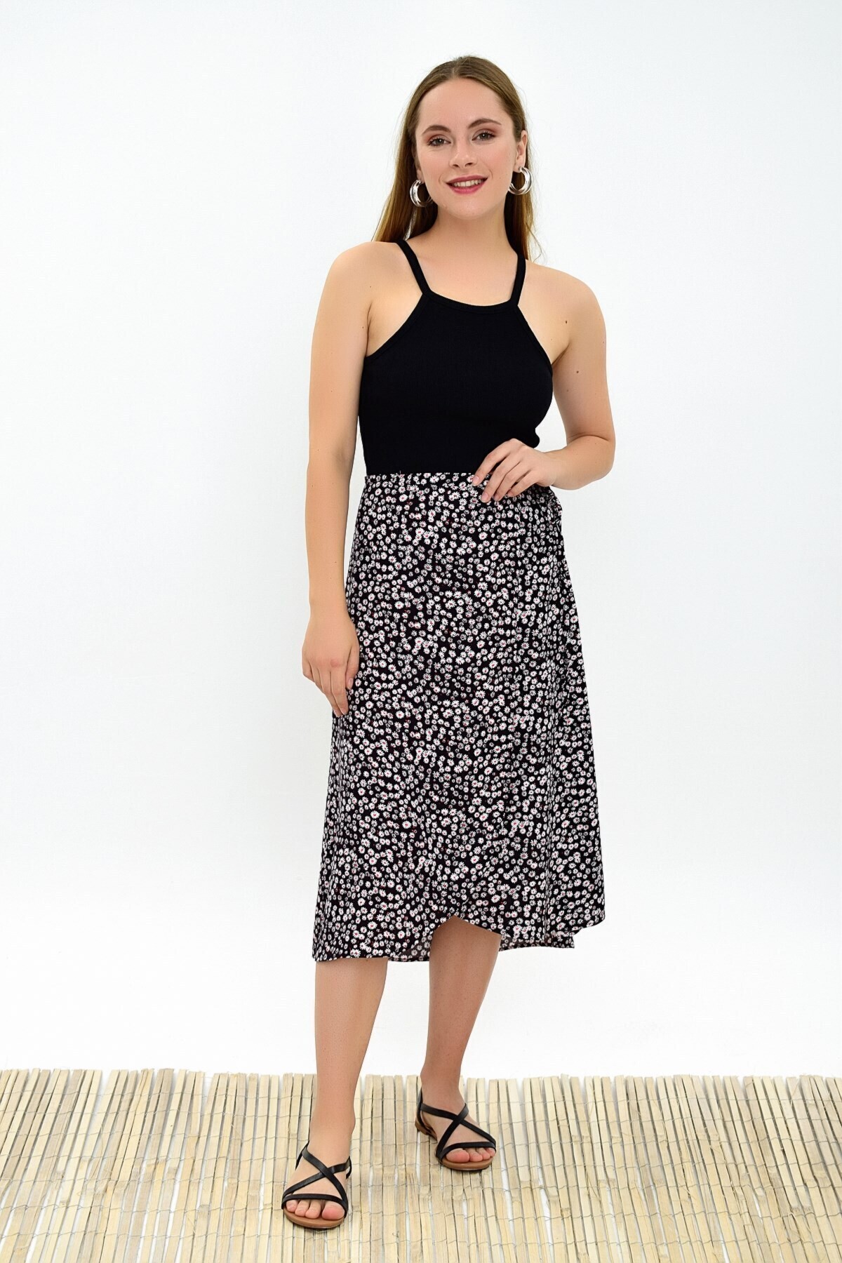 9313124 Dok.Viskon Desenli Beli Bağlamalı Anvelop Etek SIYAH ÇIÇEK DESEN