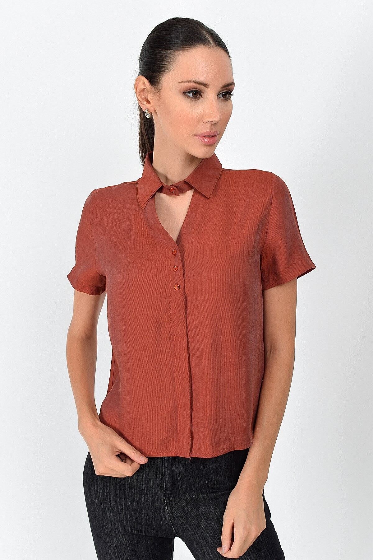 9362998 Bodrum Yaka Önü Pencereli Kısa Kol Gömlek KIREMIT