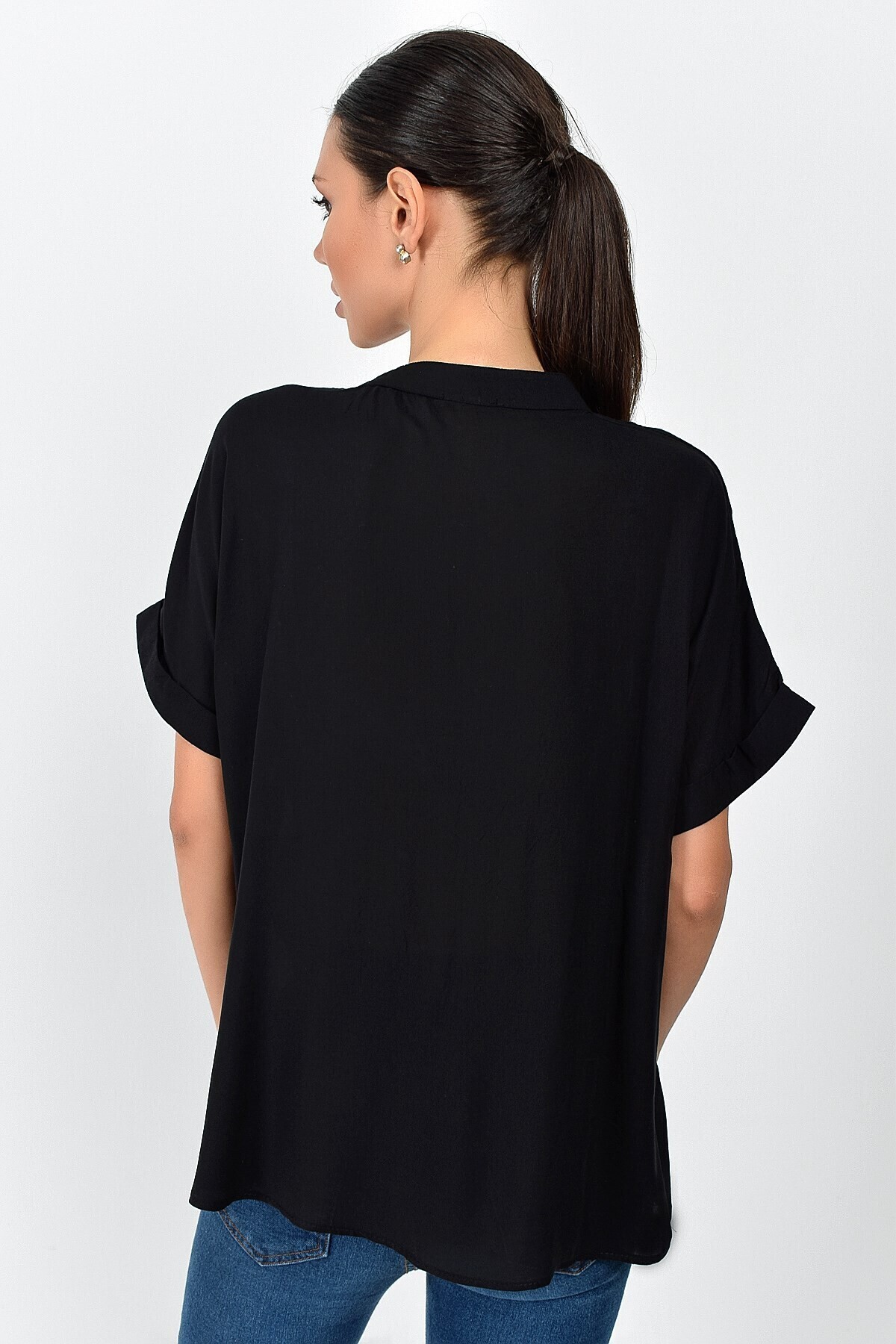 9363033 Vual Tek Cepli Hakim Yaka Yarasa Kol Gömlek SIYAH