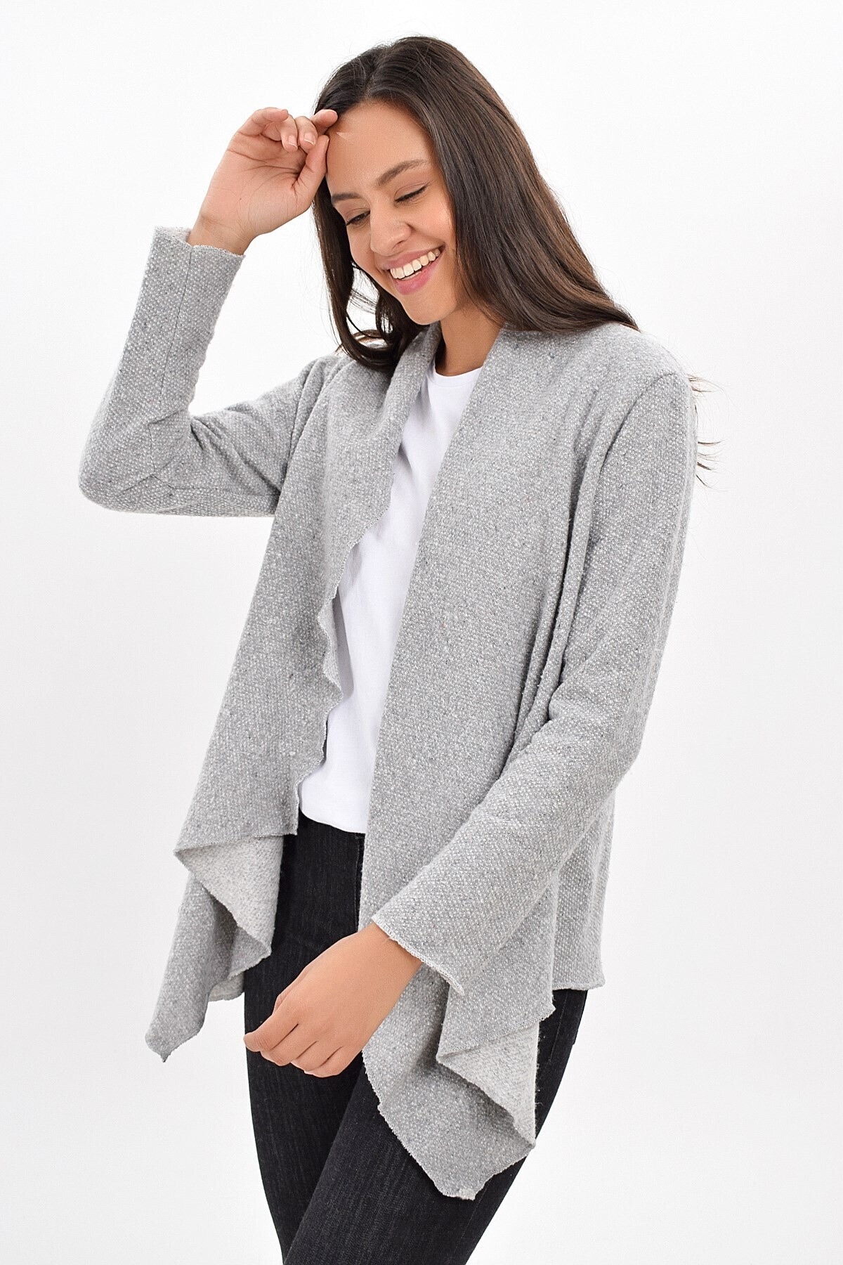 9434343 Makarna Şal Yaka Hırka GRI