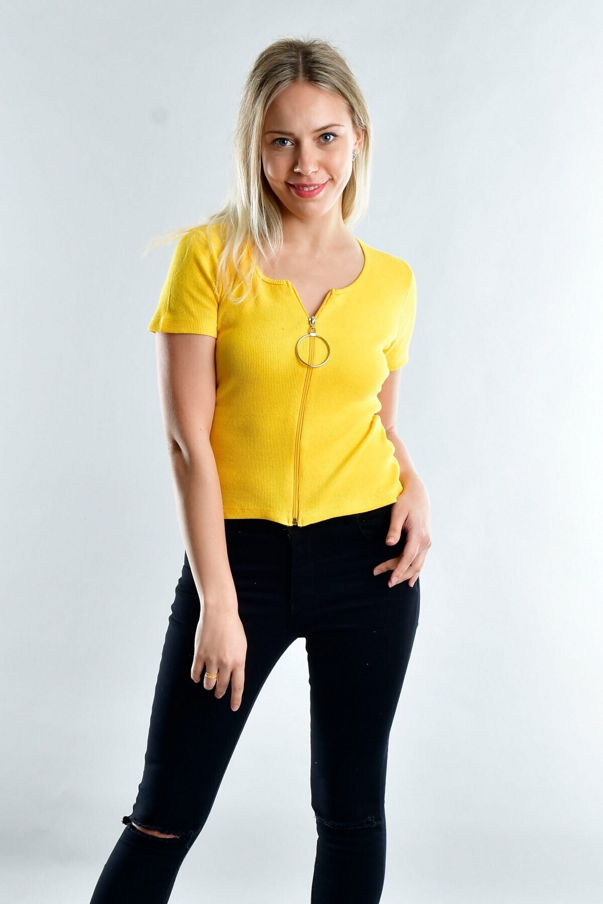 20021941 Kaşkorse Önü Fermuarlı Kısa Kol Bluz SARI