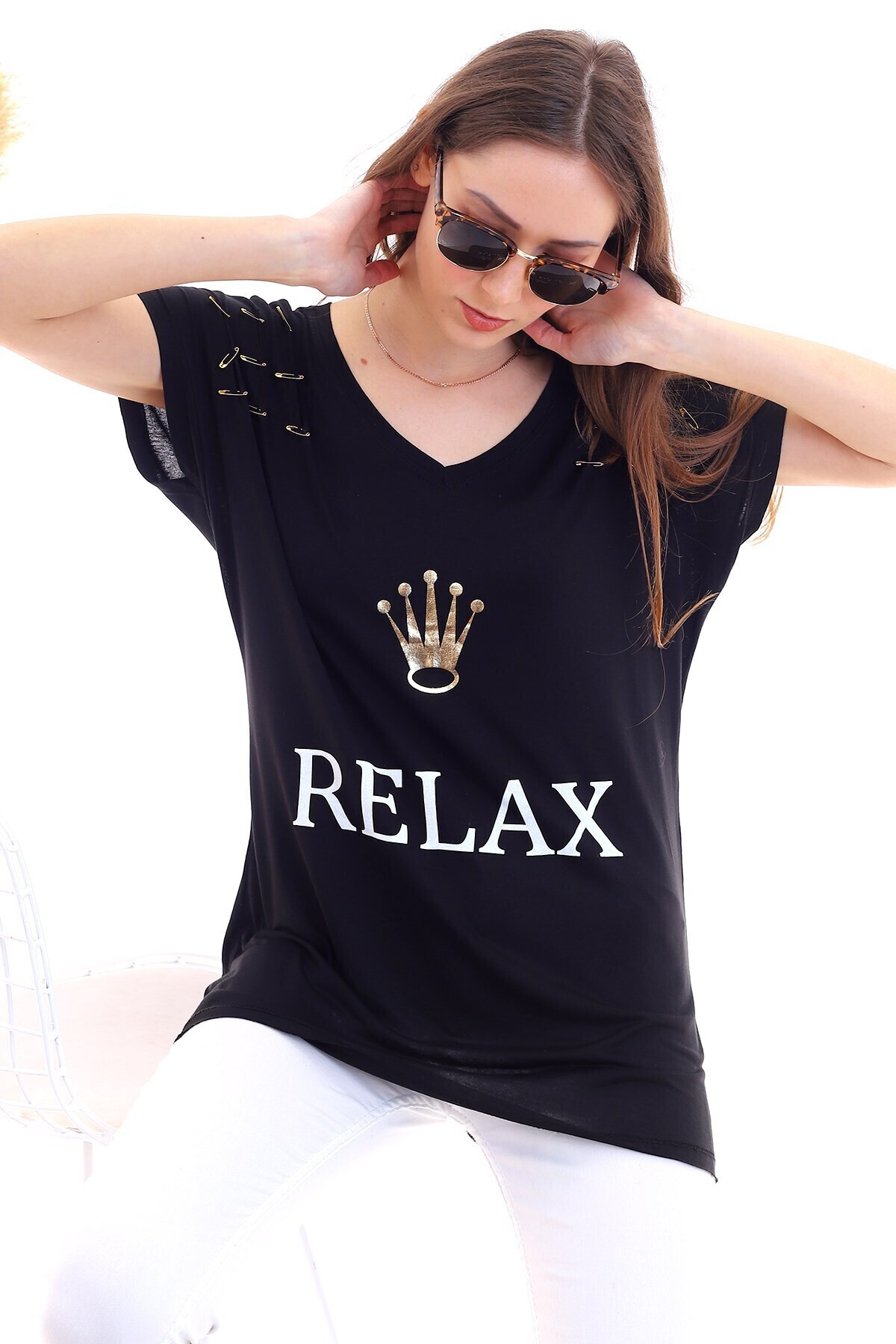 20050509 Süprem Relax Baskılı Omuzları Çengel İgneli Tunik SIYAH