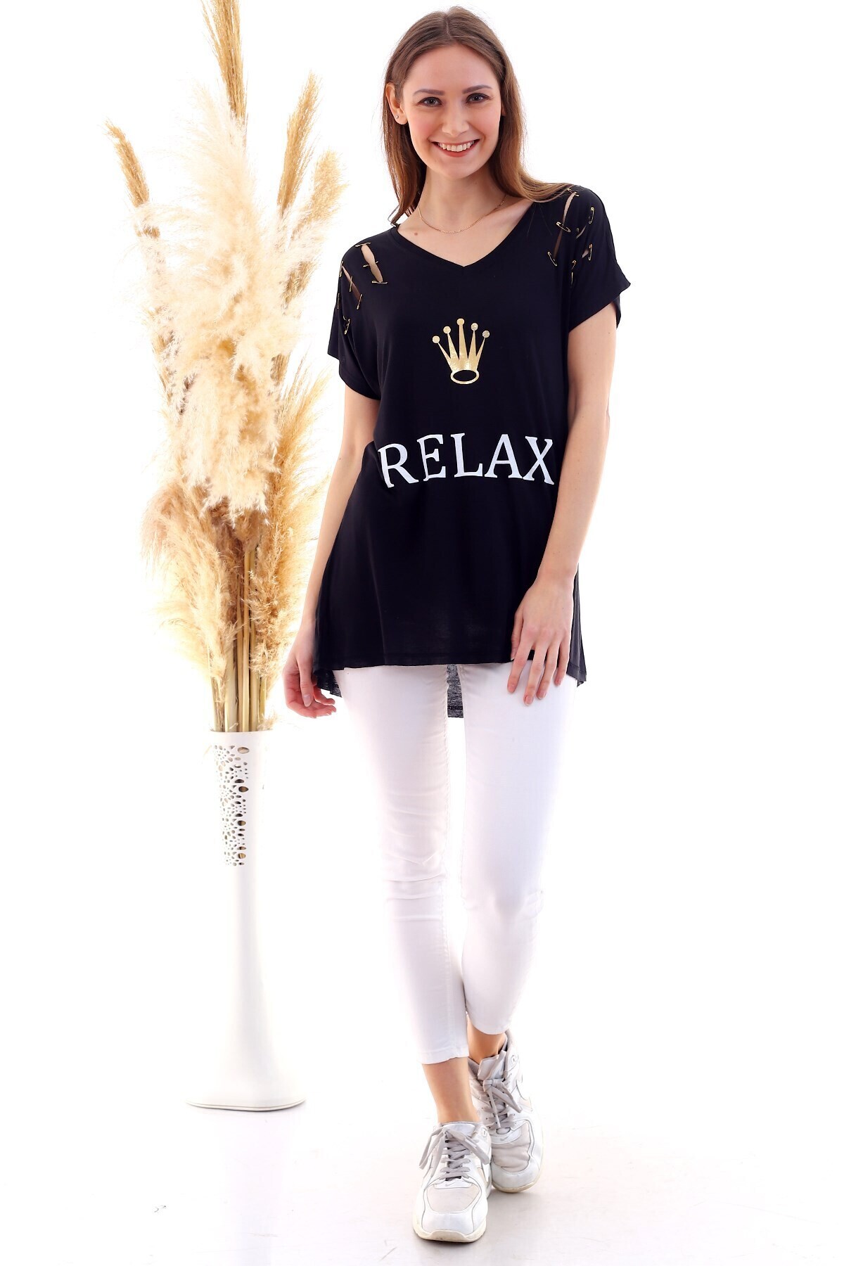 20050509 Süprem Relax Baskılı Omuzları Çengel İgneli Tunik SIYAH