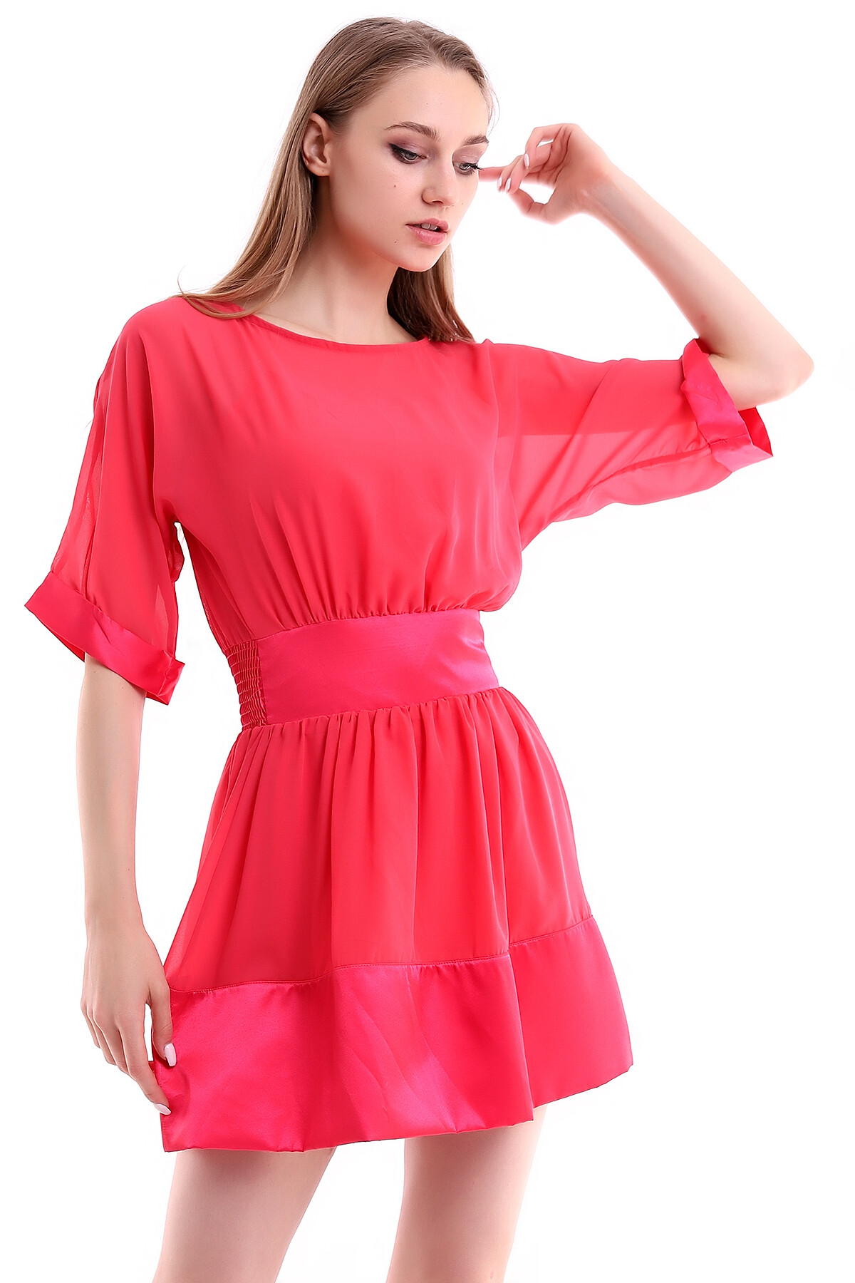 20050519 Şifon Saten Garnili Yarasa Kol Elbise MERCAN