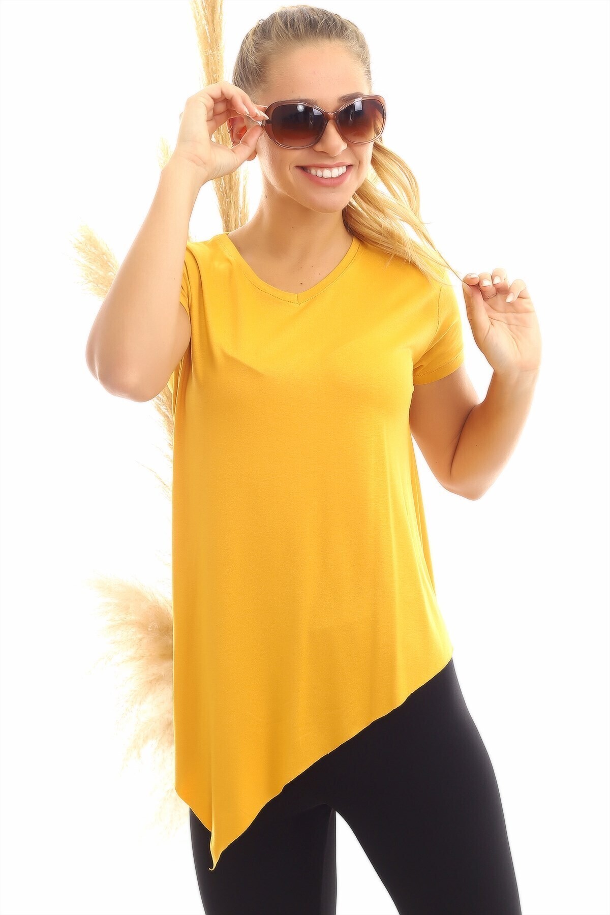 20060632 Viskon V Yaka Asimetrik Kısa Kol Bluz HARDAL