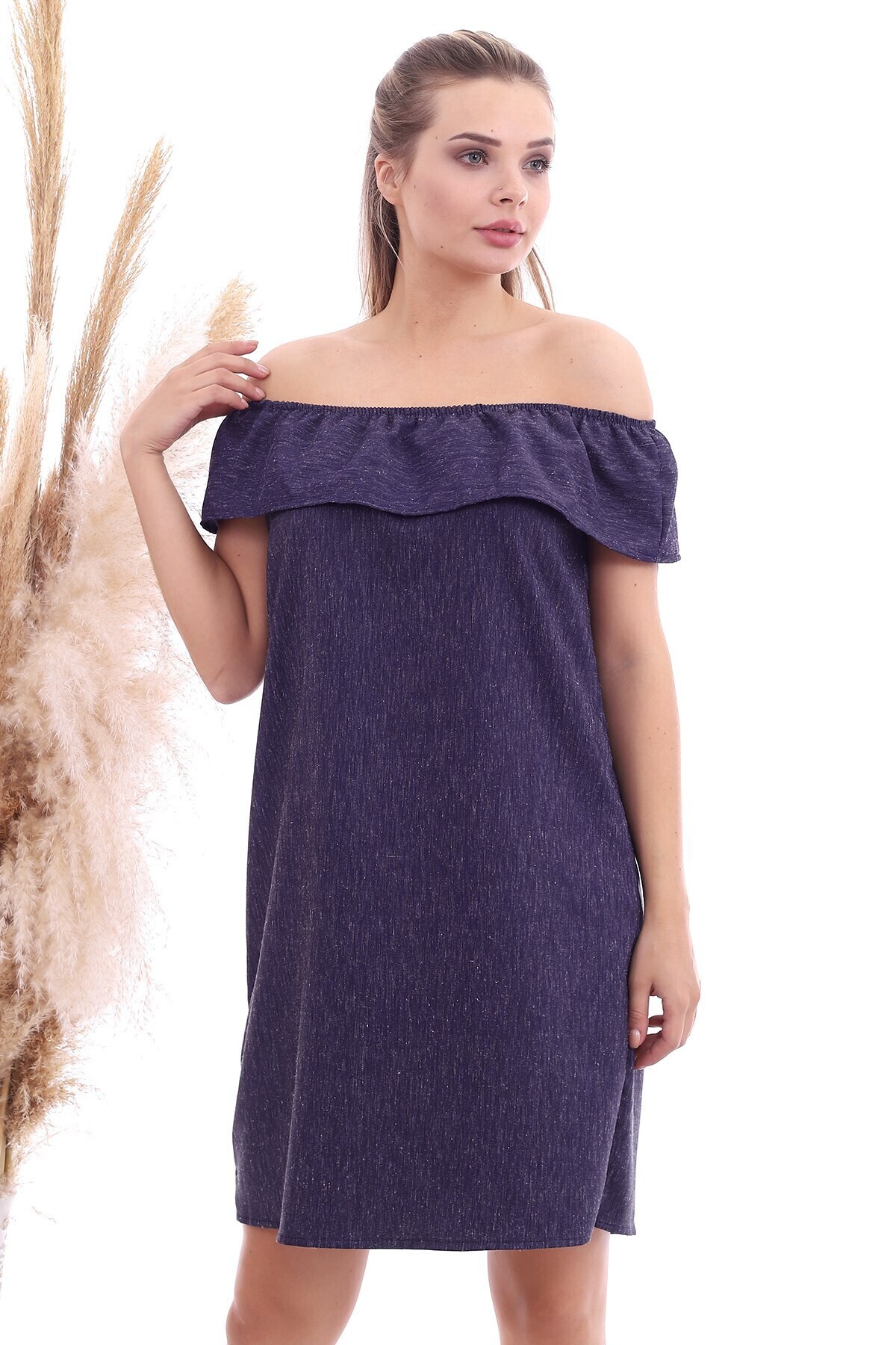 20070787 Dok.Keten Madonna Yaka Elbise LACIVERT