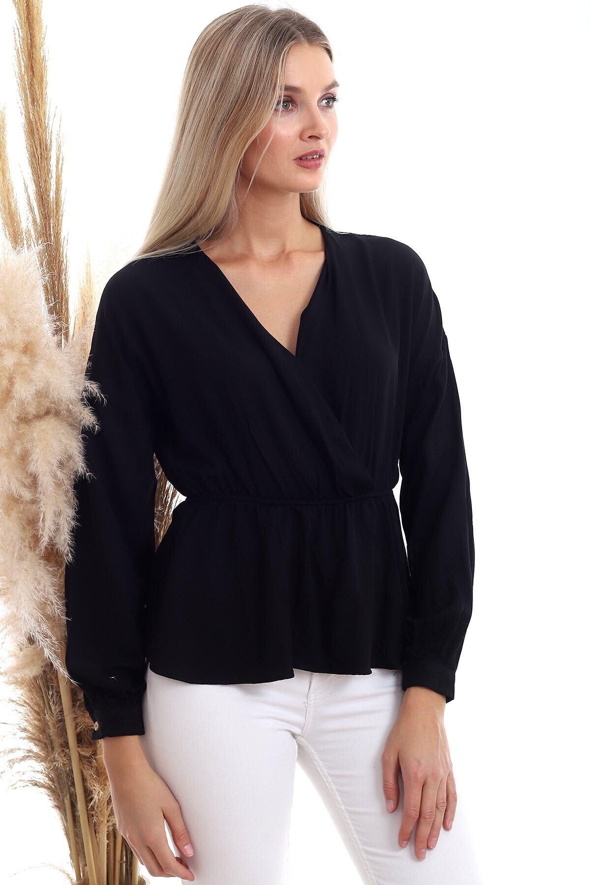 20333307 Dok.Viskon Kruvaze Yaka Uzun Kol Bluz SIYAH