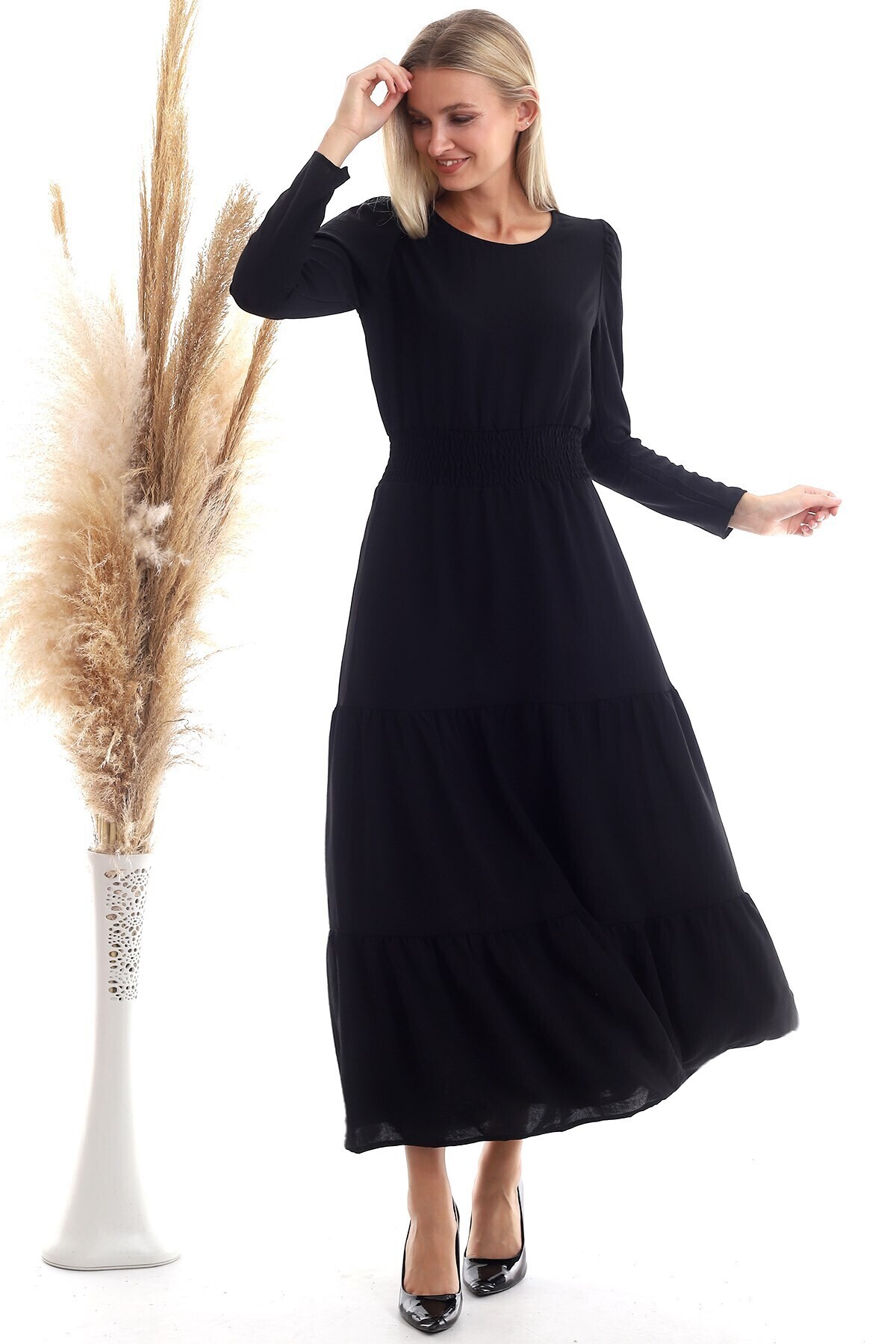 20333316 Ayrobin Beli Gipeli Uzun Kol Uzun Elbise SIYAH