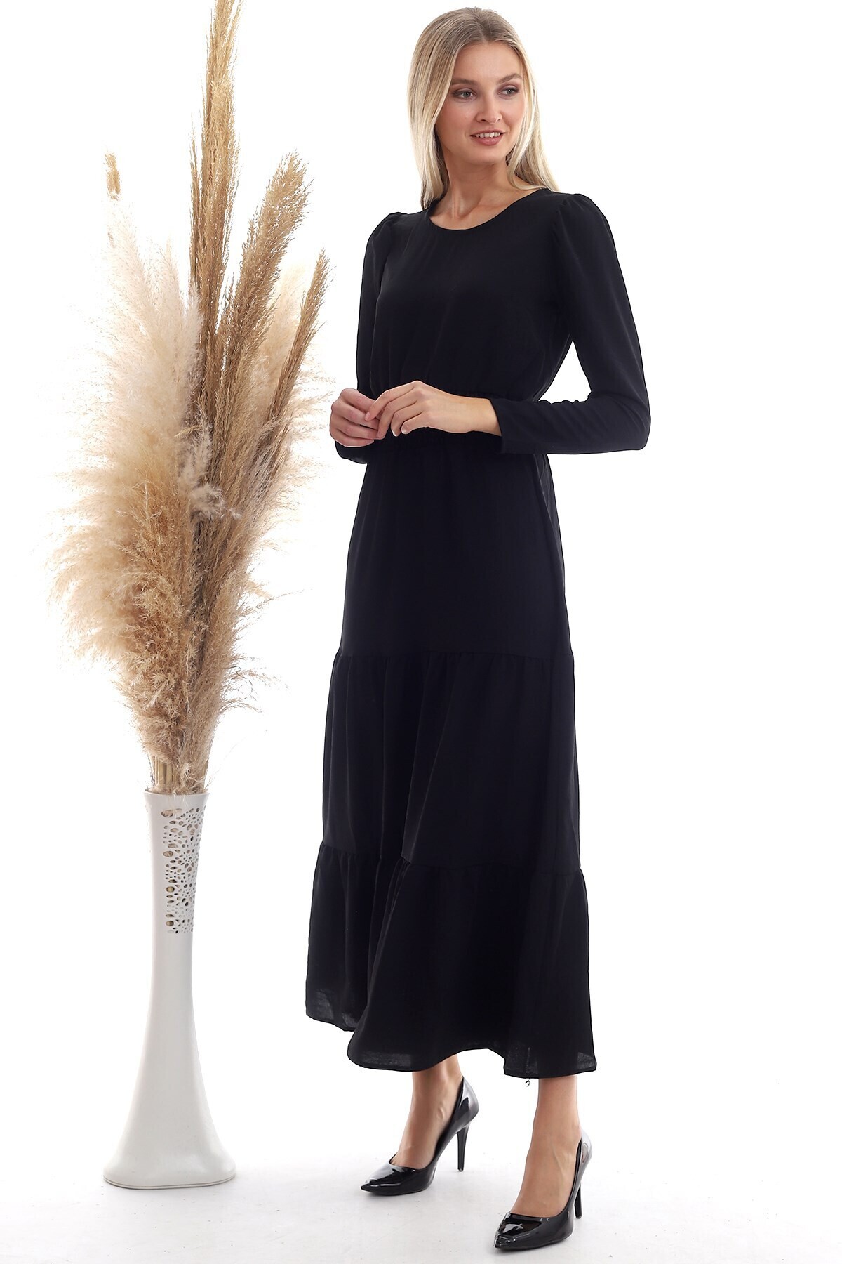 20333316 Ayrobin Beli Gipeli Uzun Kol Uzun Elbise SIYAH