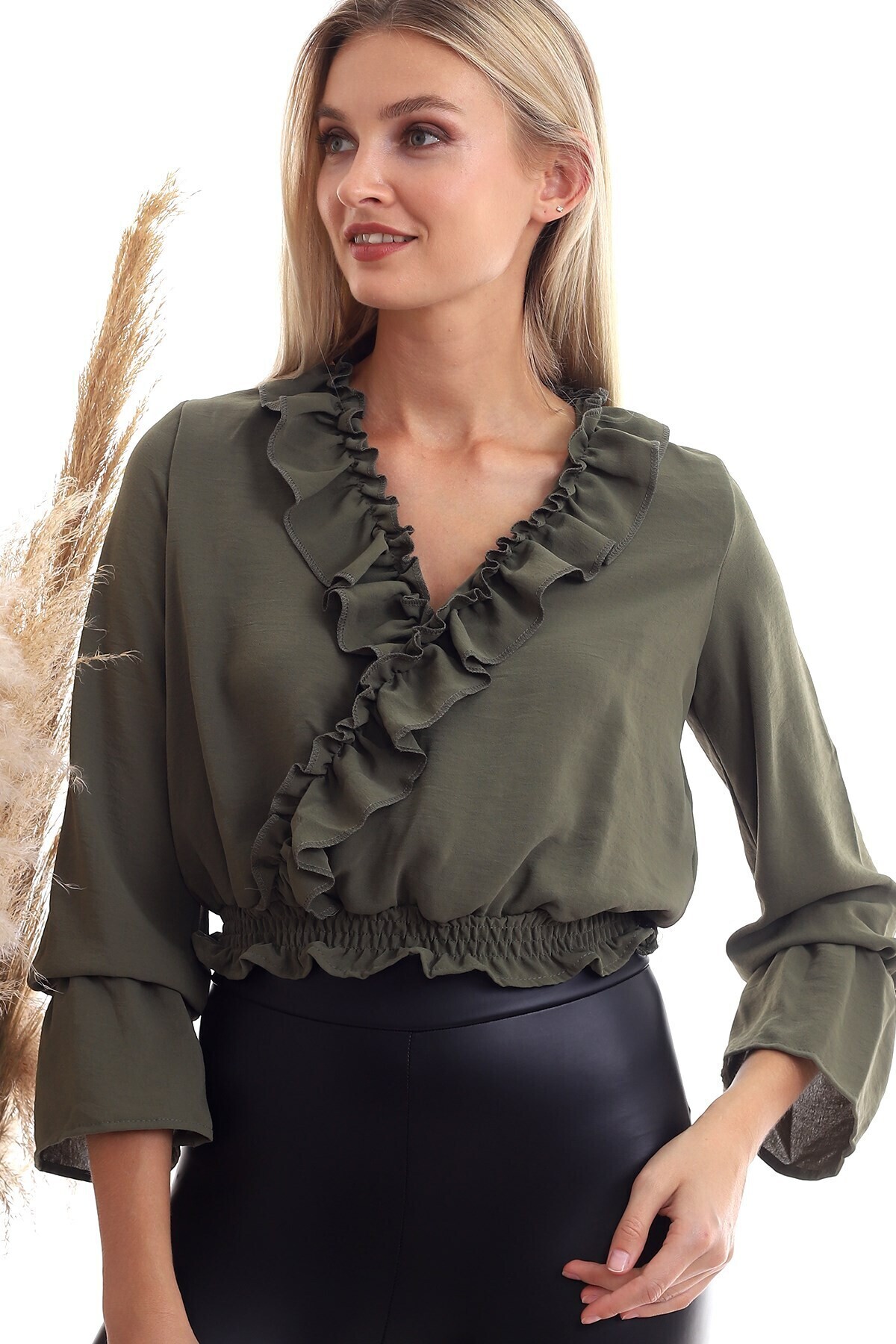 20333344 Ayrobin Kruvaze Fırfırlı Etek Gipeli Uzun Kol Bluz HAKI