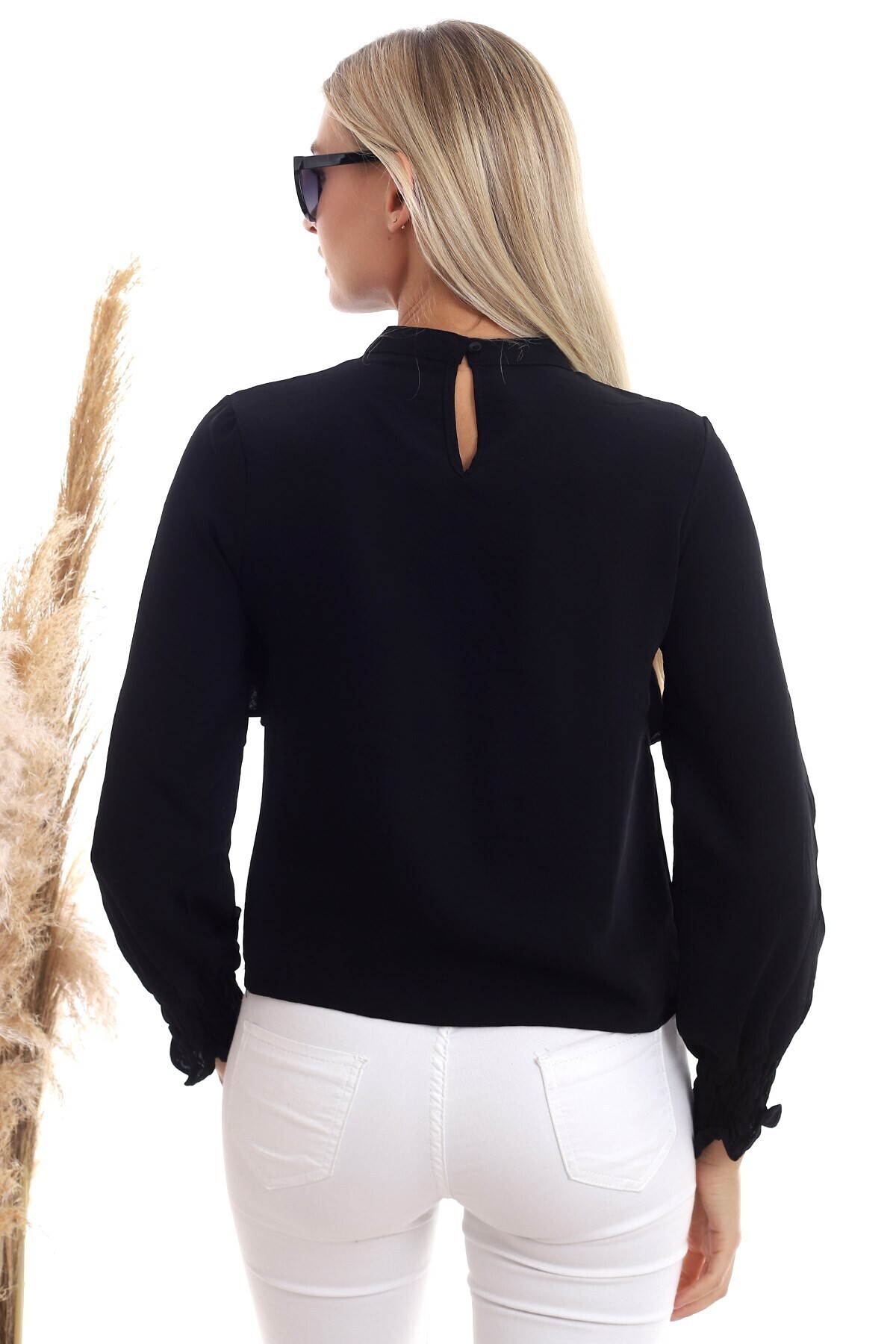 20333355 Ayrobin Çift Sıra Volanlı Uzun Kol Bluz SIYAH