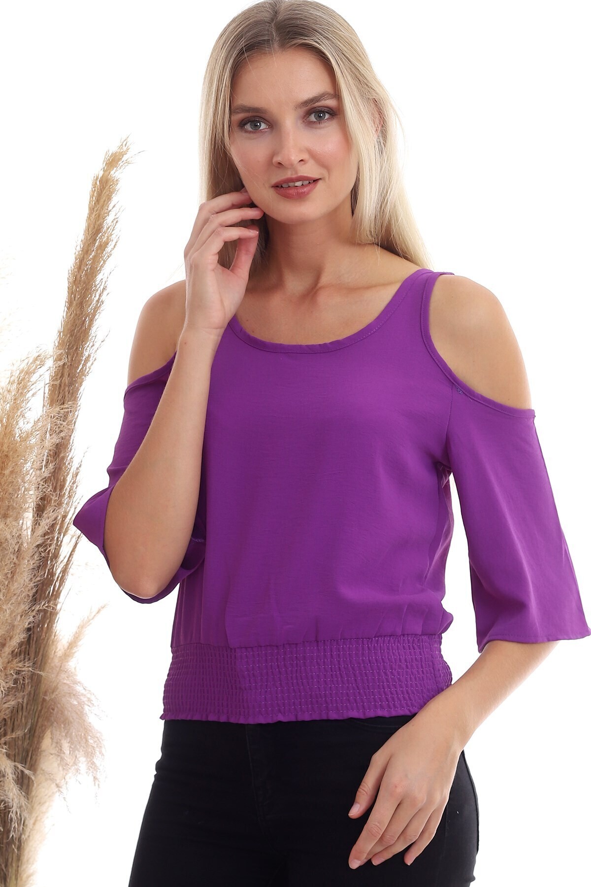 20333451 Ayrobin Omuzu Açık Beli Lastikli Kısa Kol Bluz MOR