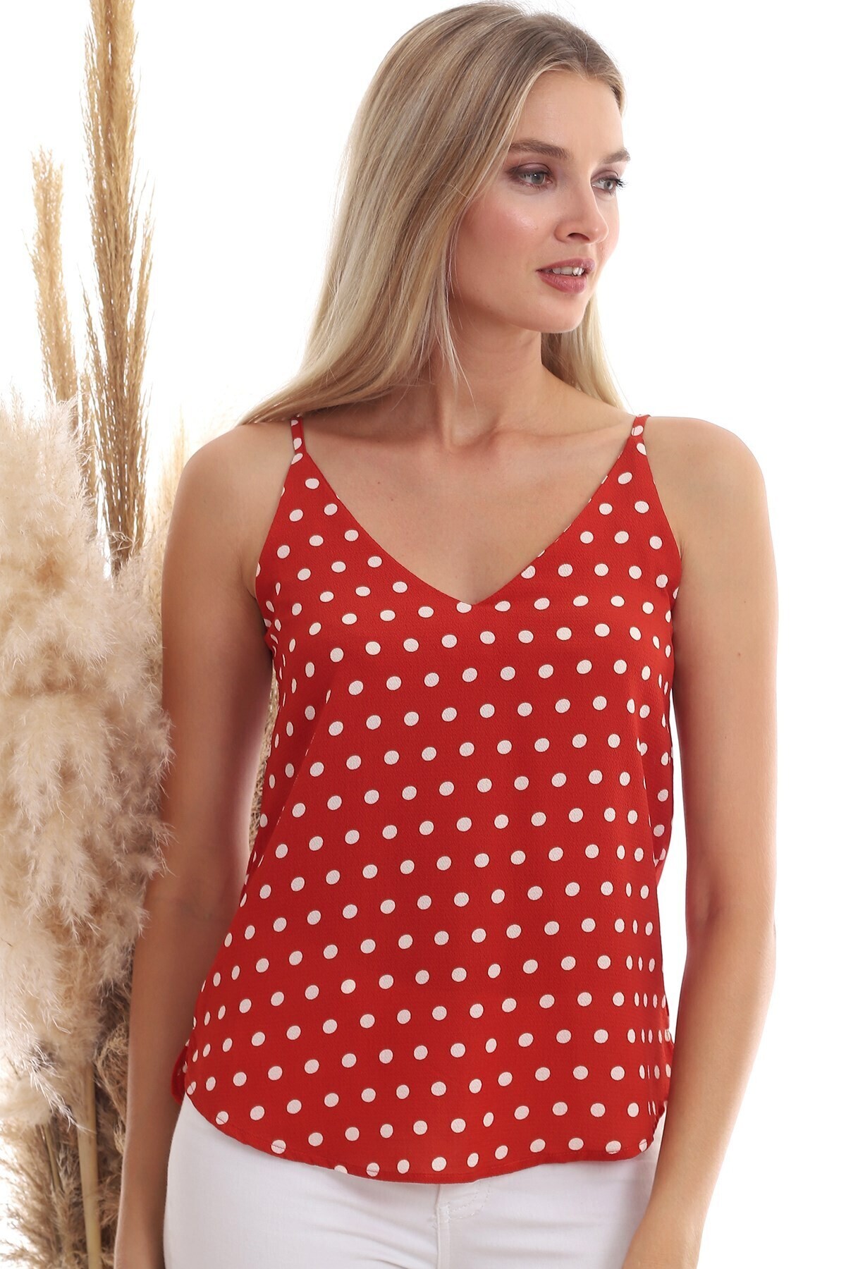 20333453 Kobe Puantiye Desenli İp Askılı Bluz KIREMIT