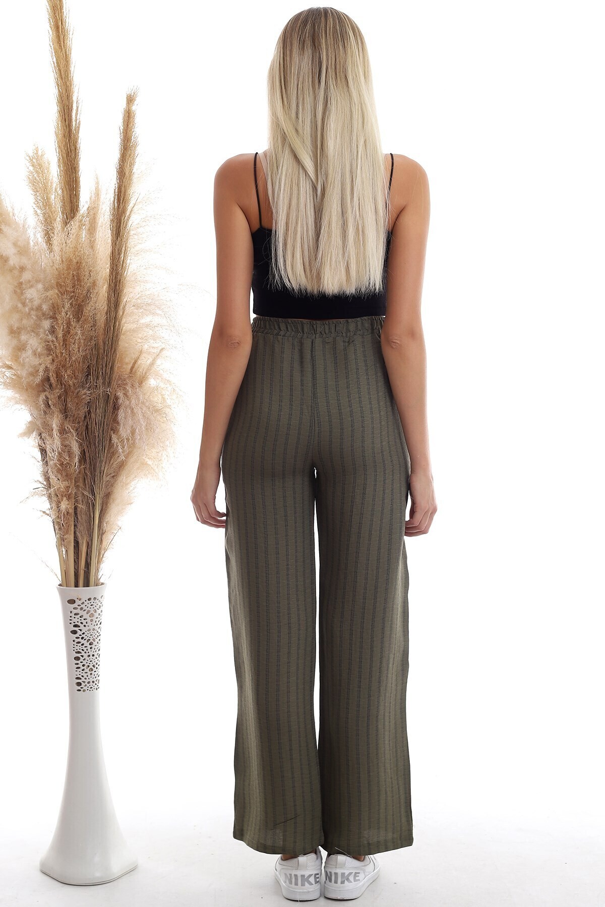 20333459 Keten Çizgi Desenli Cepli Pantolon HAKI