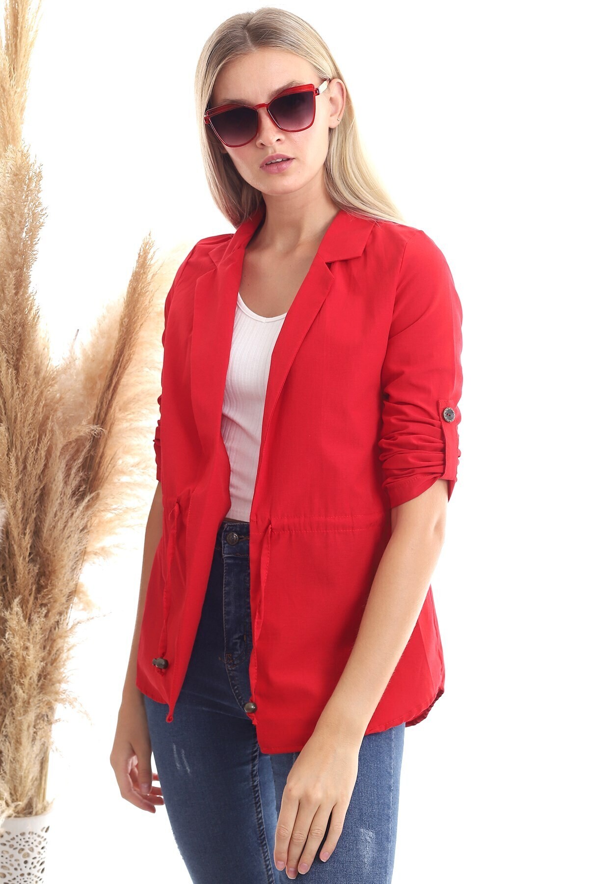 20342379 Viskon Beli Bağcıklı Uzun Kol Ceket KIRMIZI