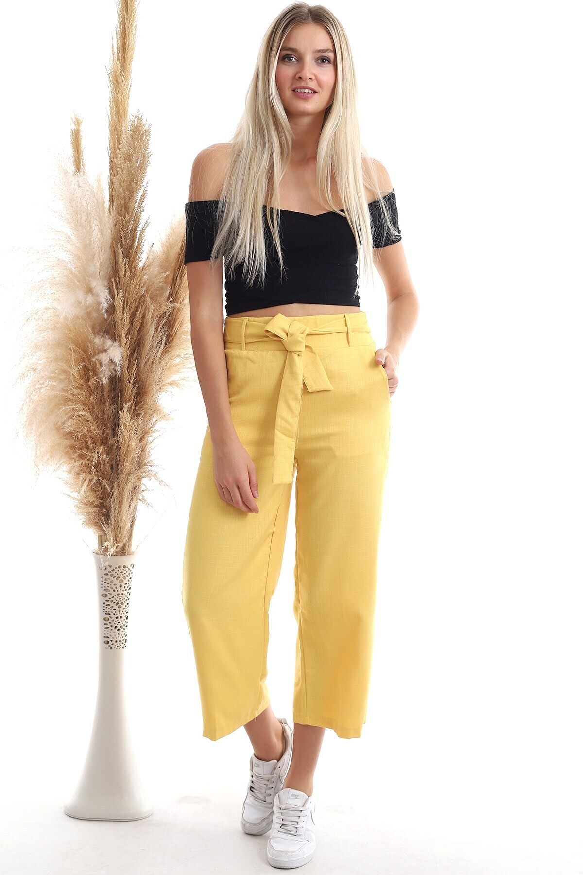 20343112 Viskon Flamlı Kuşaklı Bol Paça Pantolon HARDAL