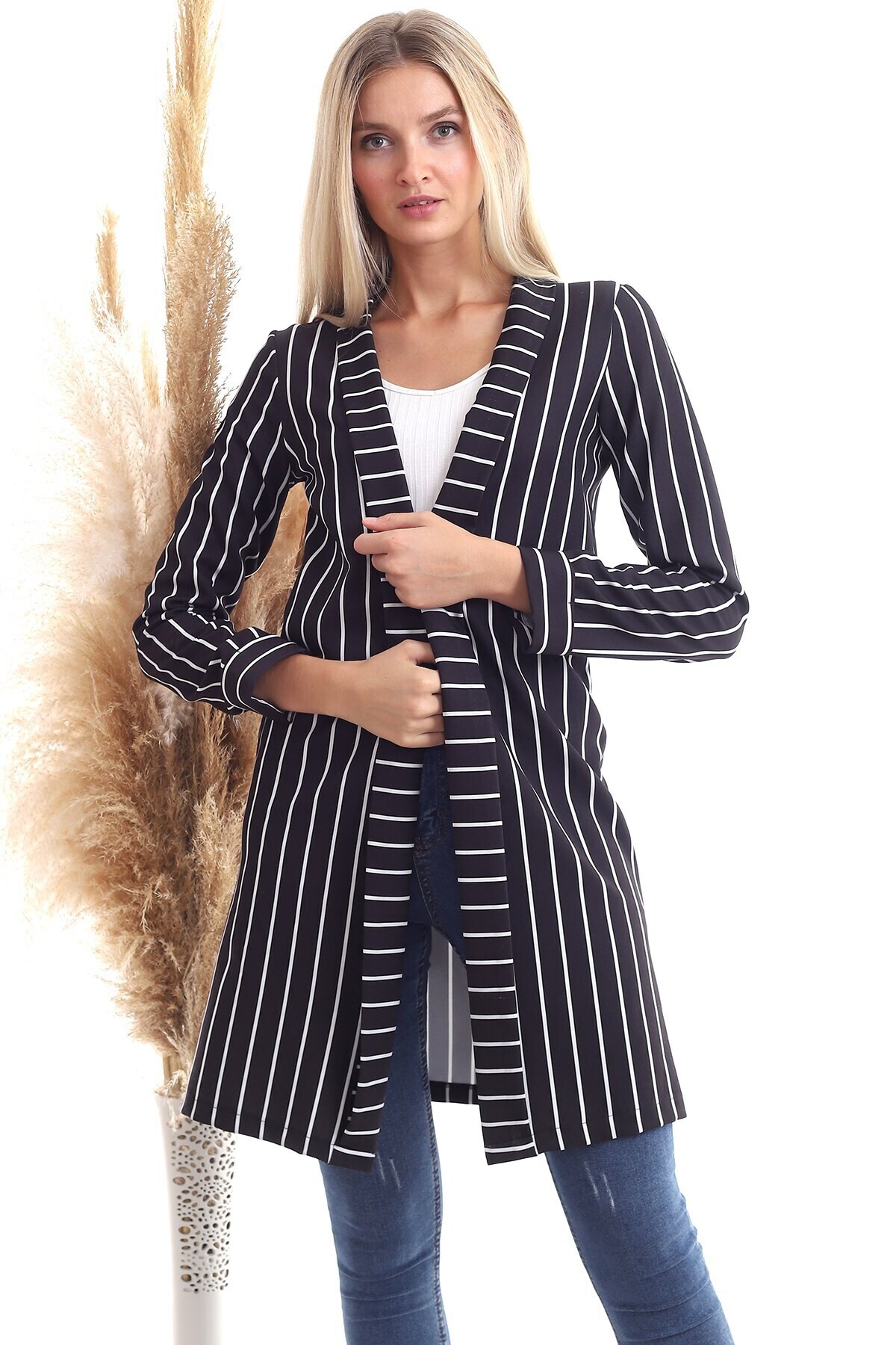20343264 Atlas Çizgili Uzun Ceket SIYAH BEYAZ ÇIZGILI