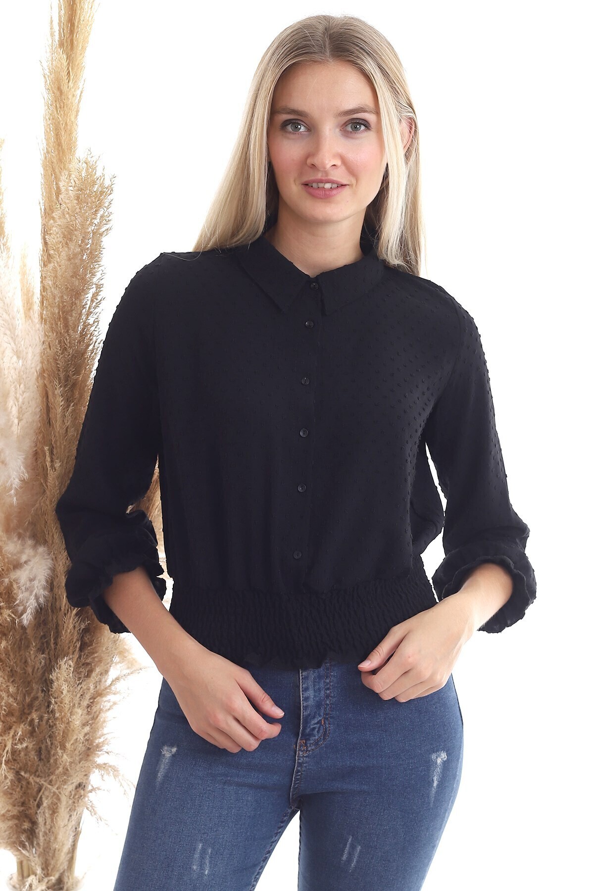 20343305 Dok.Ponponlu Eteği Gipeli Gömlek SIYAH