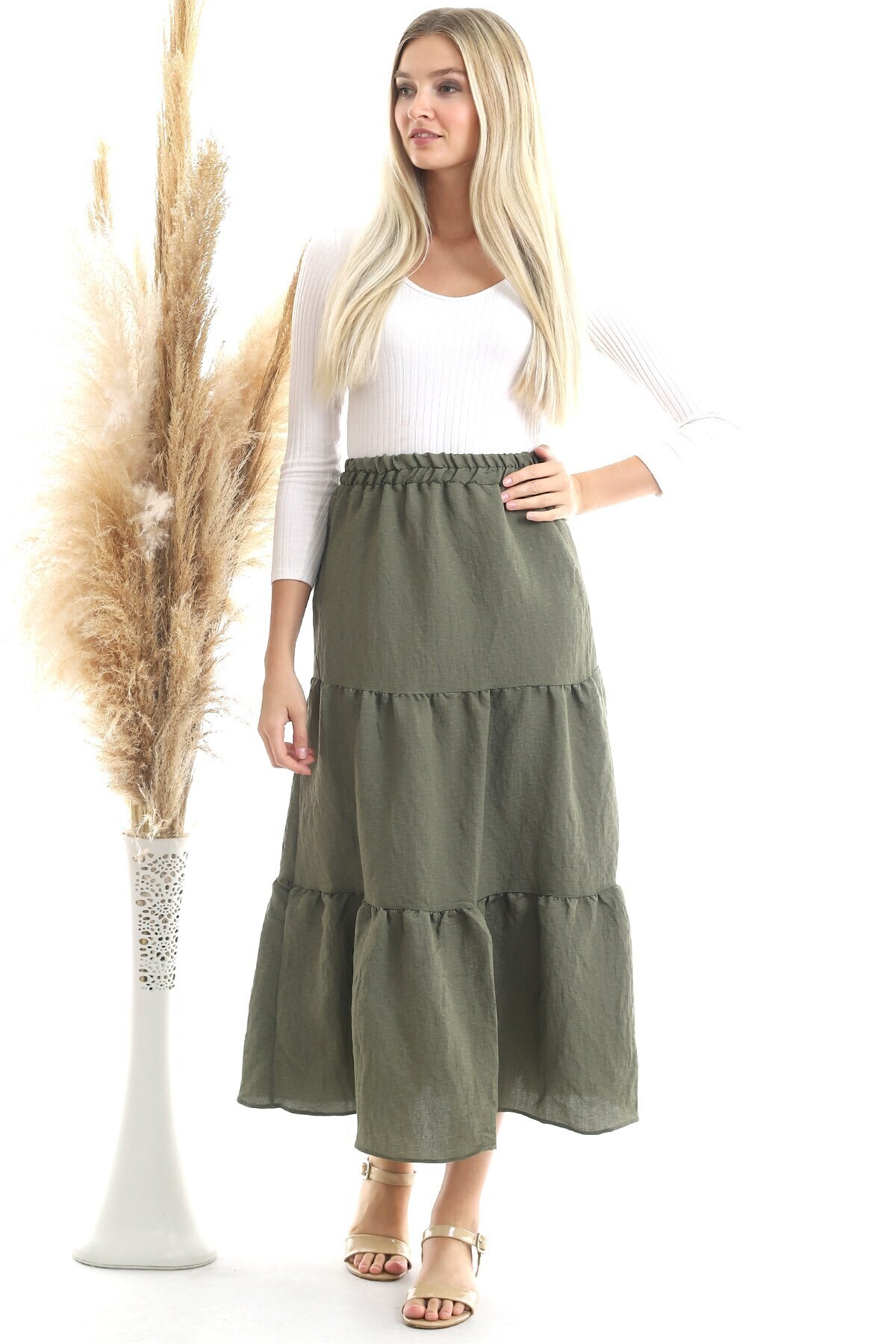 20343466 Sunshine Beli Lastikli Çingene Etek HAKI