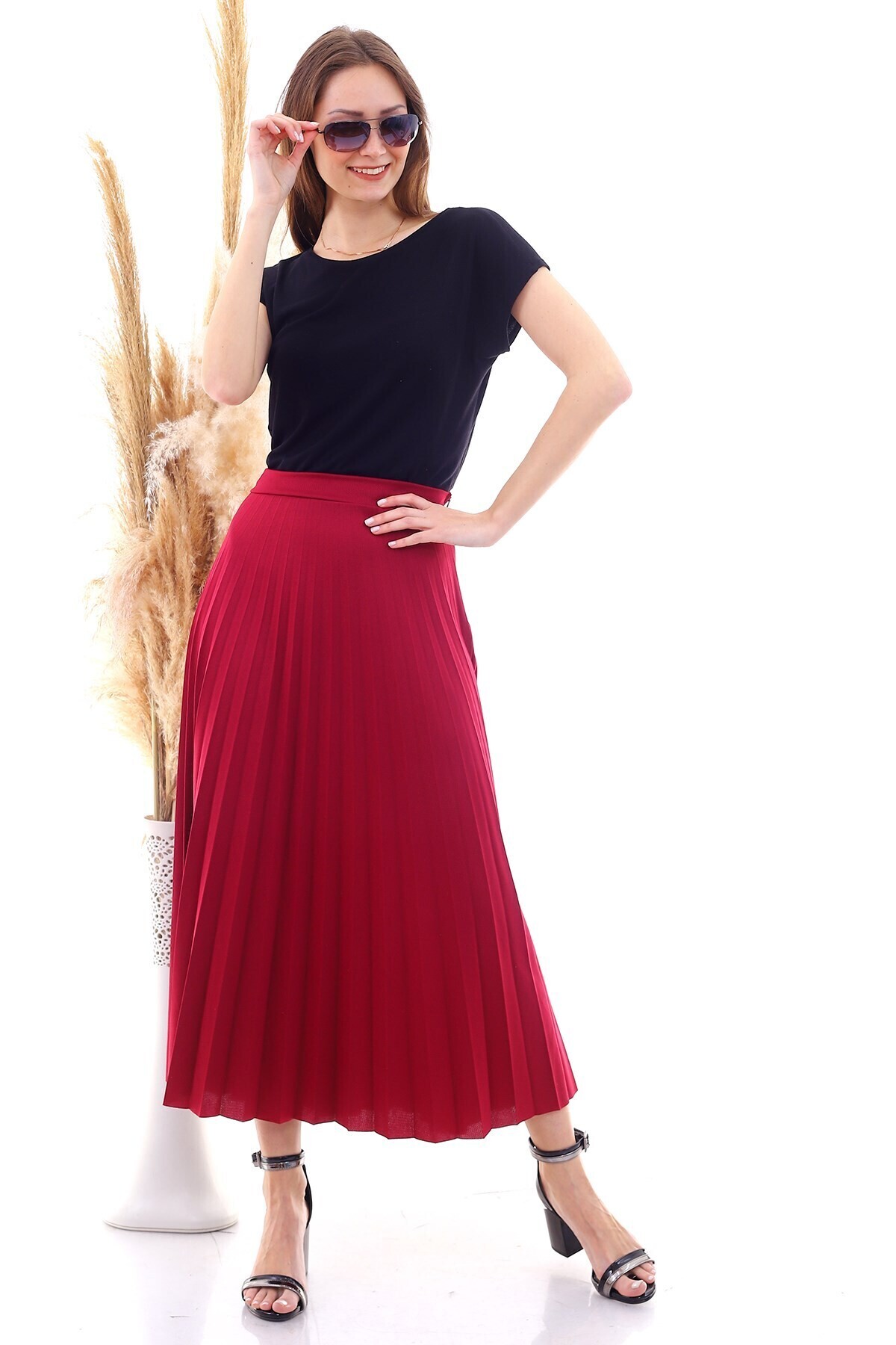 9072693 Mira Pliseli Beli Lastikli Uzun Etek BORDO