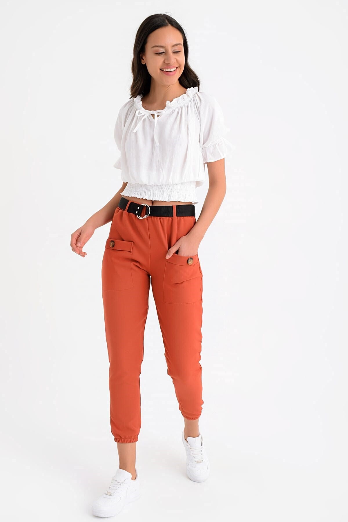 9152981 Tokalı Paça Lastik Önden Cepli Pantolon KIREMIT