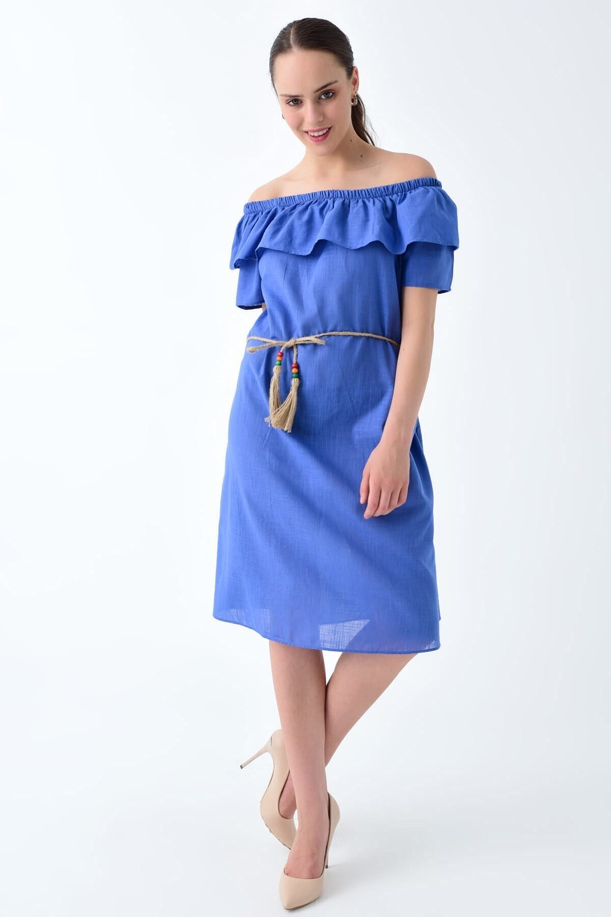 92210138 Keten Madonna Yaka Bel Kemerli Kısa Kol Elbise INDIGO