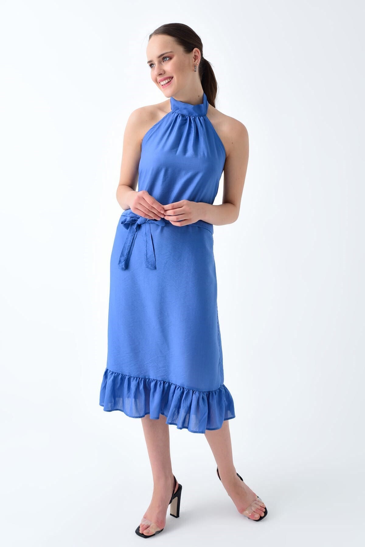 92210148 Bodrum Boyun Bağlamalı Beli Kemerli Kolsuz Elbise INDIGO